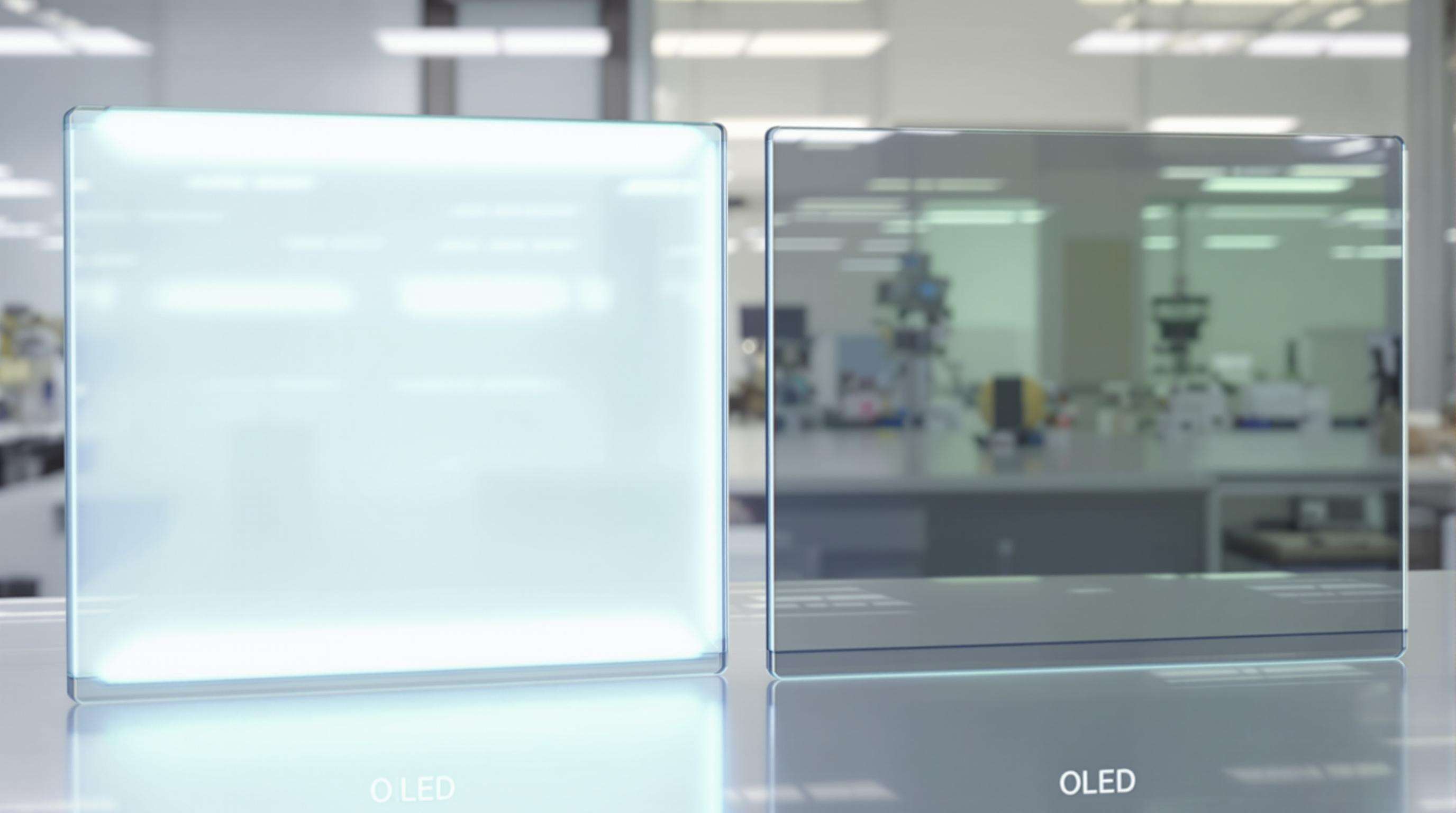 Side-by-side comparison of micro LED and OLED transparent display panels, highlighting differences in brightness and transparency