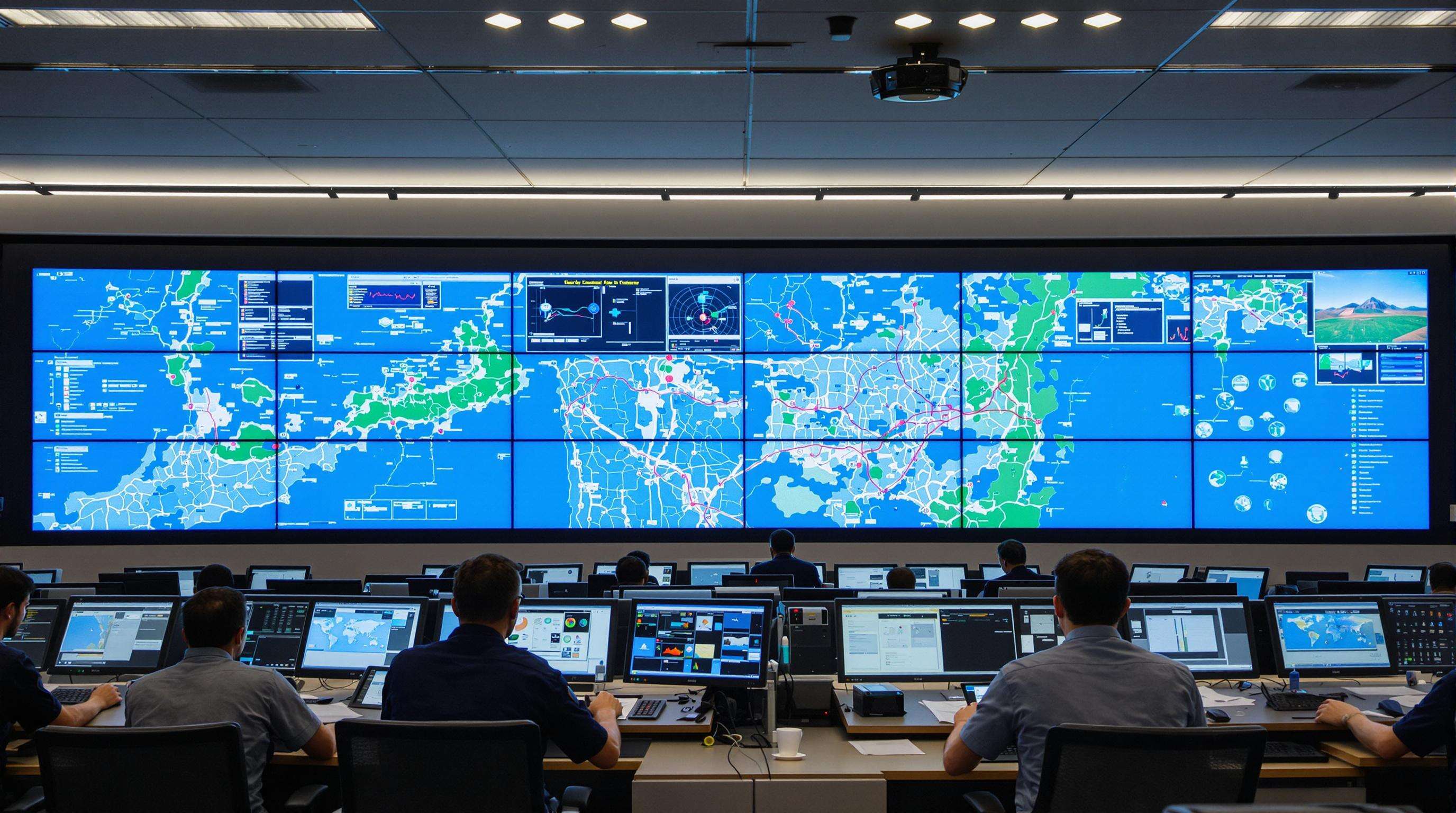 Command center team viewing a seamless LED video wall showing live data with no visible screen borders