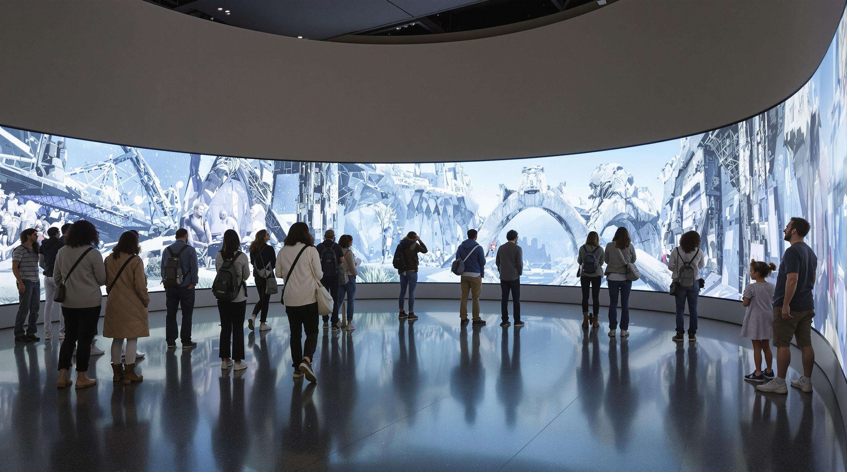 Visitors engaging with a curved LED screen display in a museum, demonstrating heightened interest and immersion