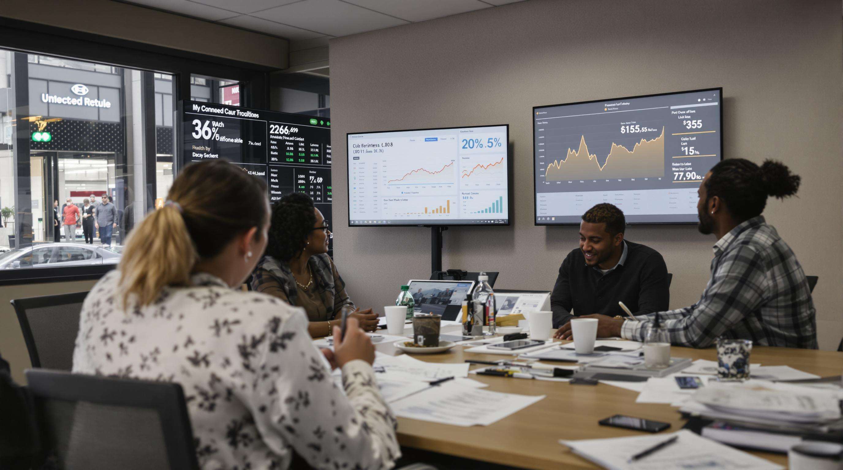 Team analyzing sales data and ROI metrics with a view of an LED display in a storefront window