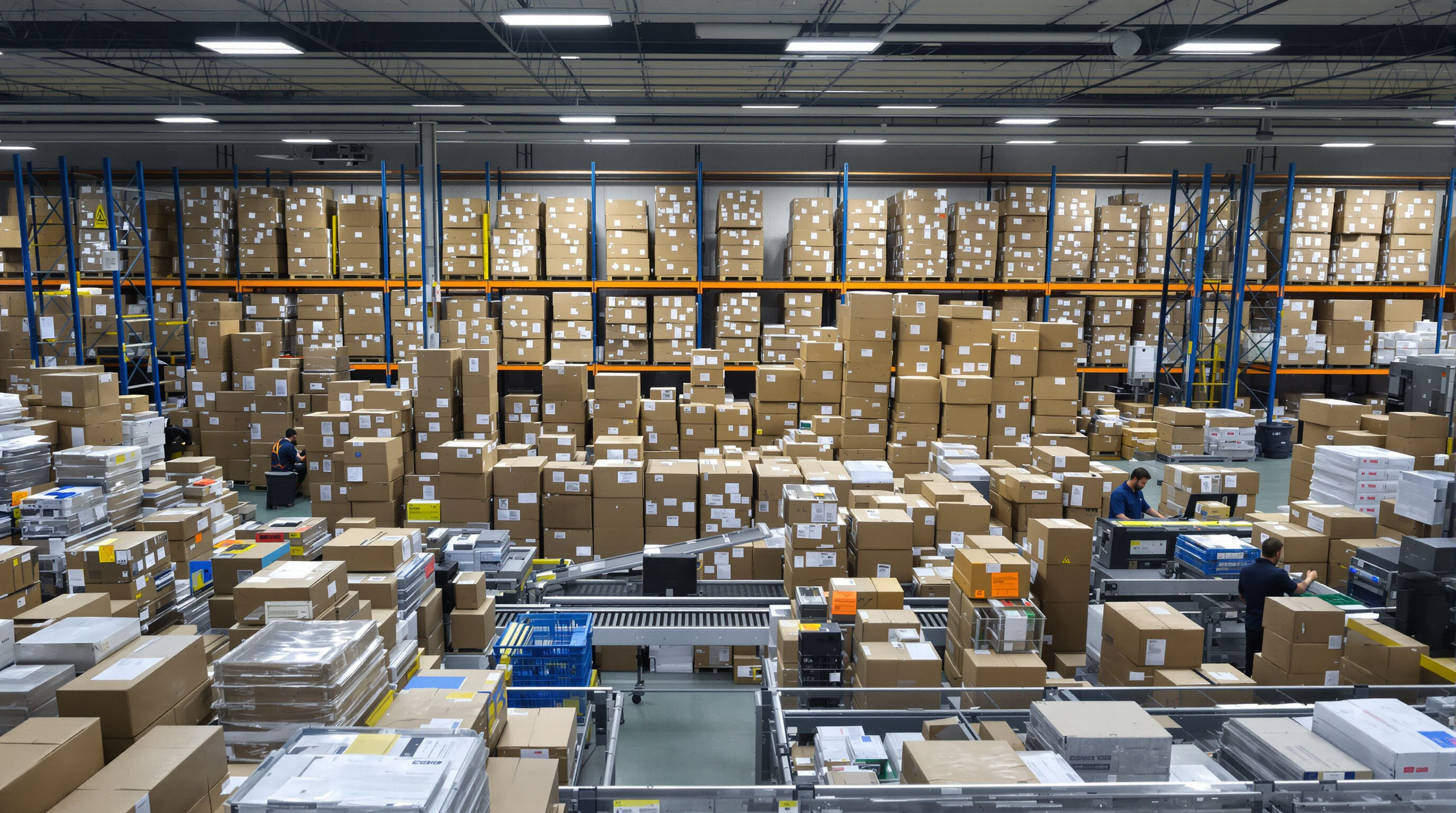 Warehouse workers handling returned packages and customs forms near conveyor belts