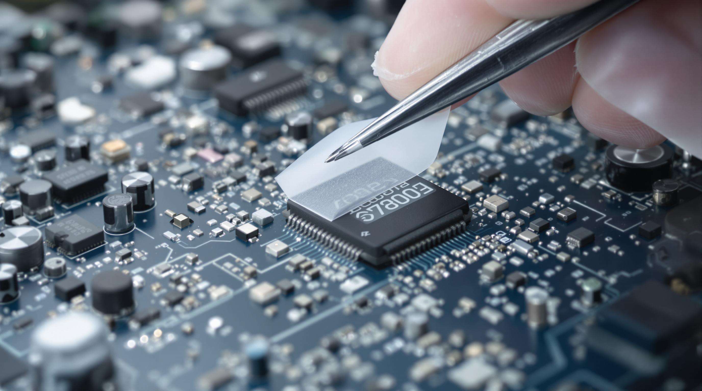 Engineer attaching double coated tape to electronic circuit board with precision tools