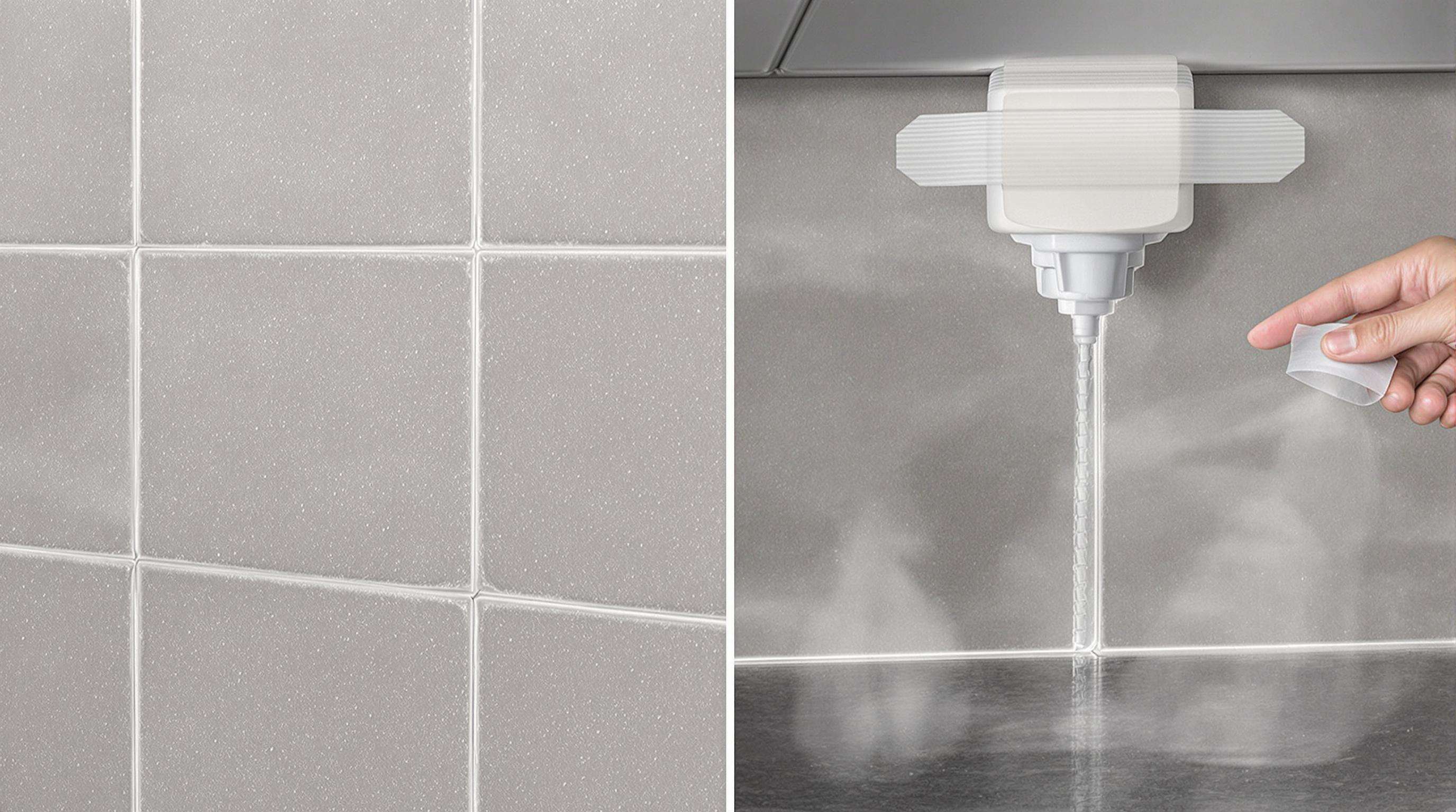 Clear adhesive tape holding items firmly in wet and steamy kitchen and bathroom environments