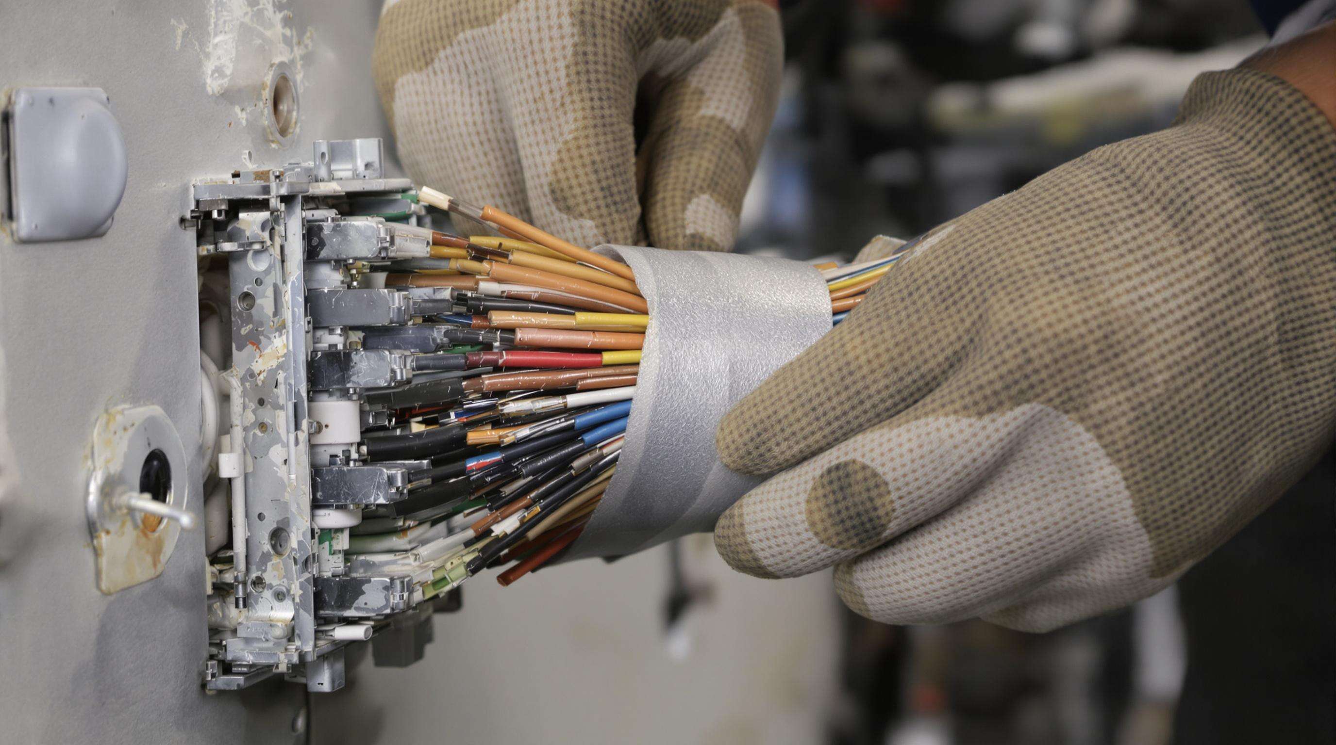 Close-up of hands carefully wrapping exposed electrical wires with rubber tape using a spiral overlapping technique.