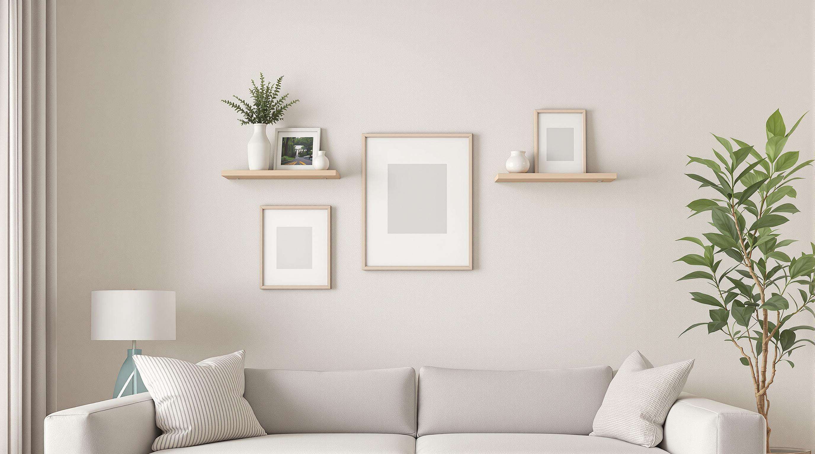 Frames and shelves mounted invisibly on a living room wall without nails or screws
