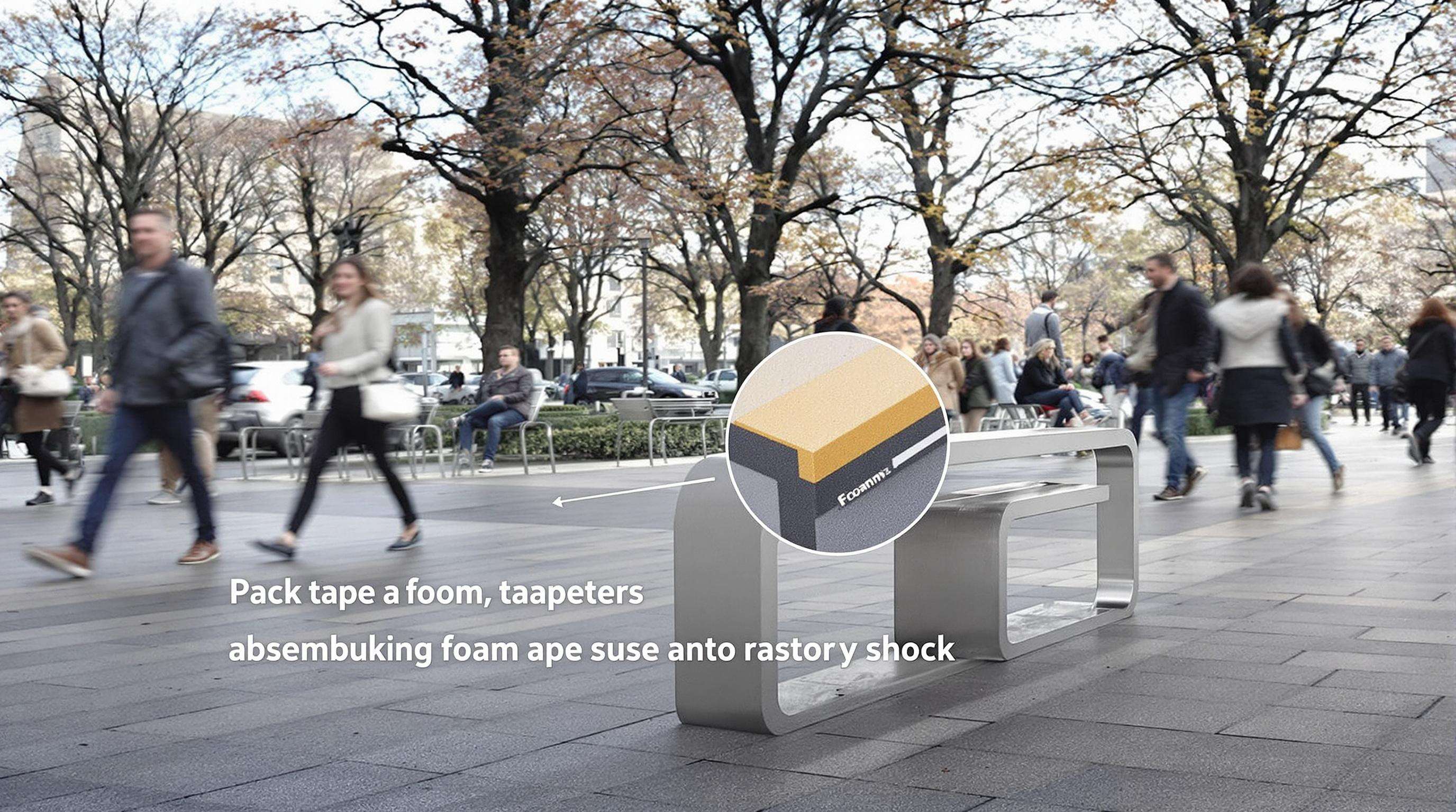 Realistic photo of a park bench joint assembled with foam tape, showing absorption of structural stress