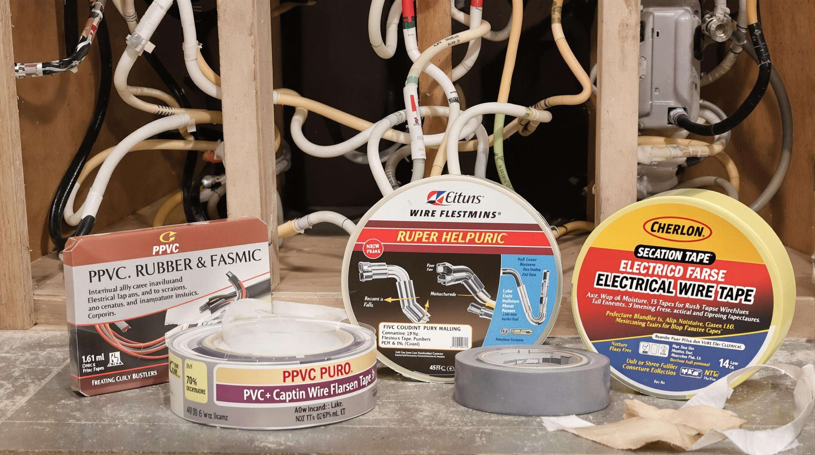 Different types of electrical wire tape being used to wrap and insulate home wire splices