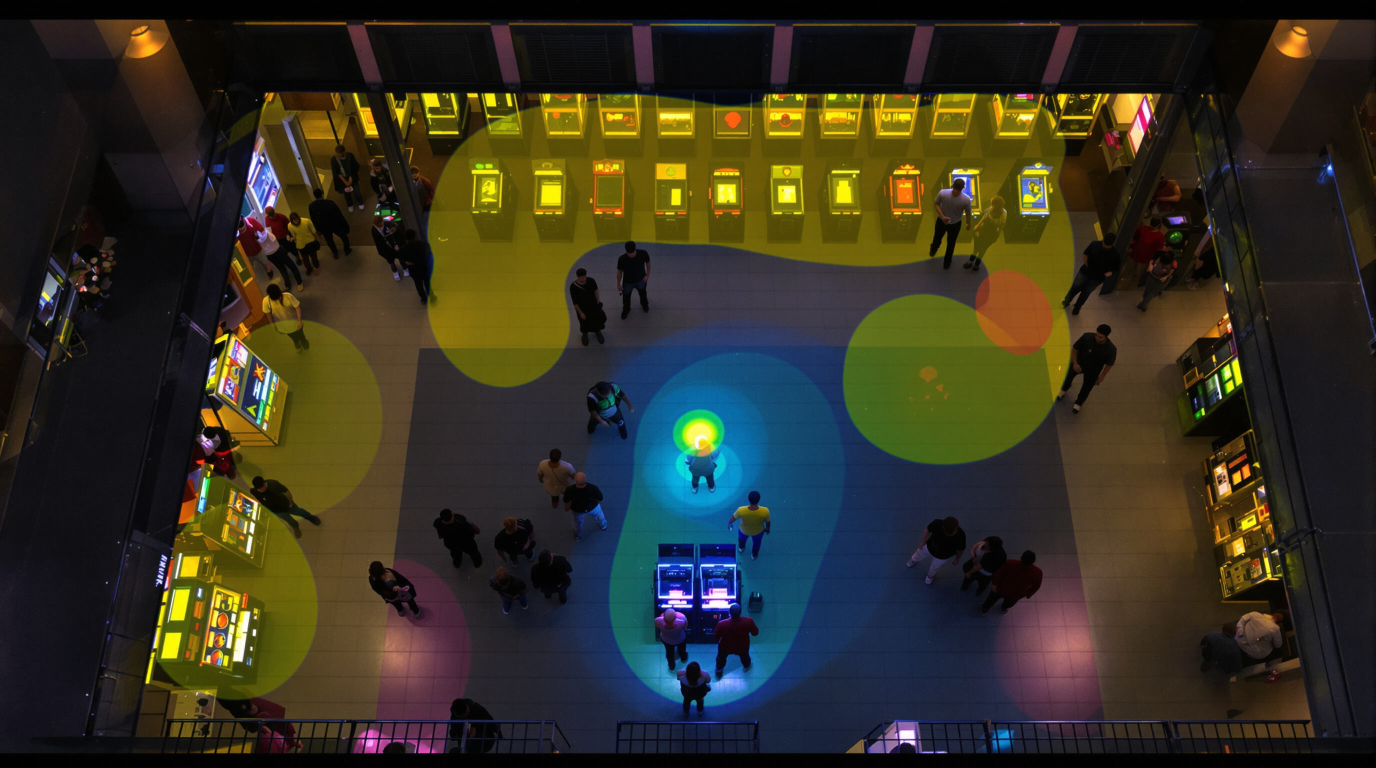 Aerial view of arcade showing visitor movement patterns and clustered crowds near central machines