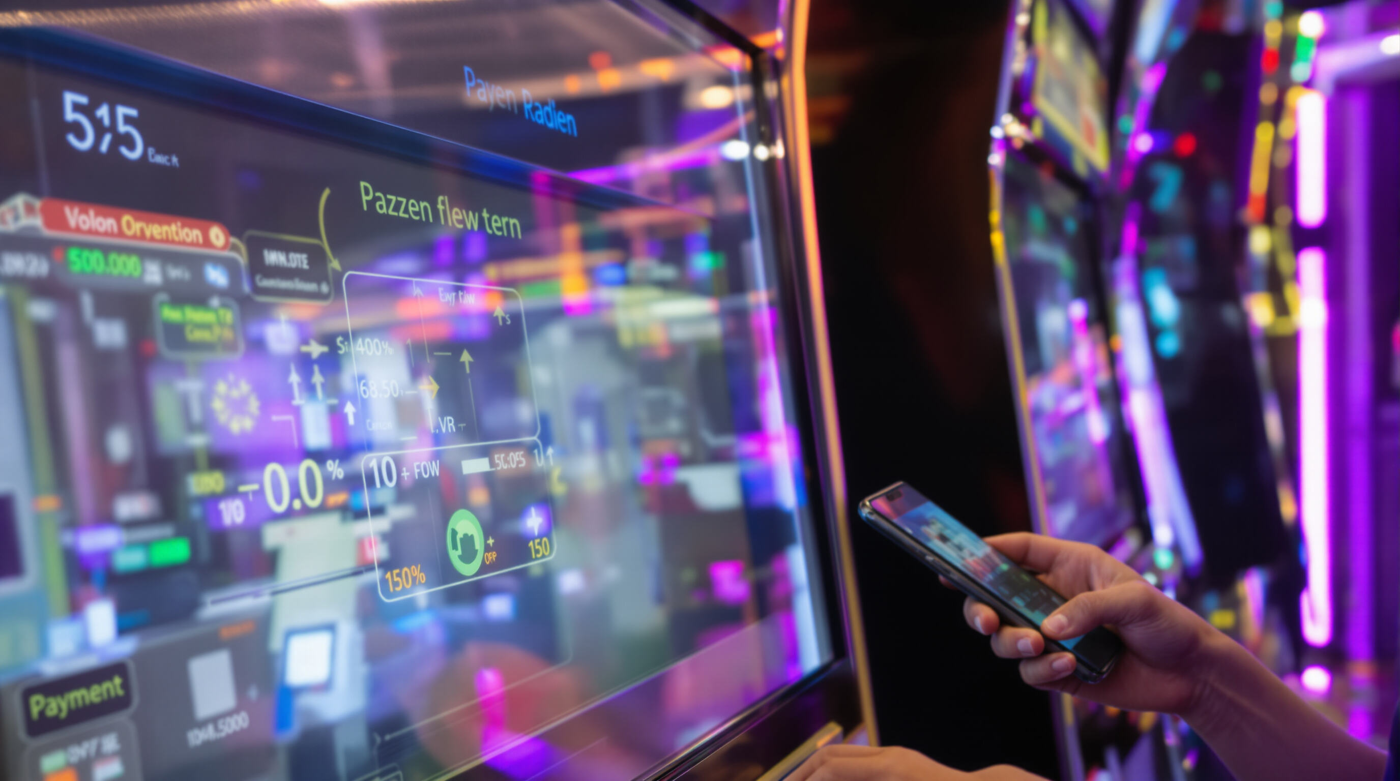 A coin-operated arcade machine with a contactless payment terminal in use and VR equipment visible in the background.