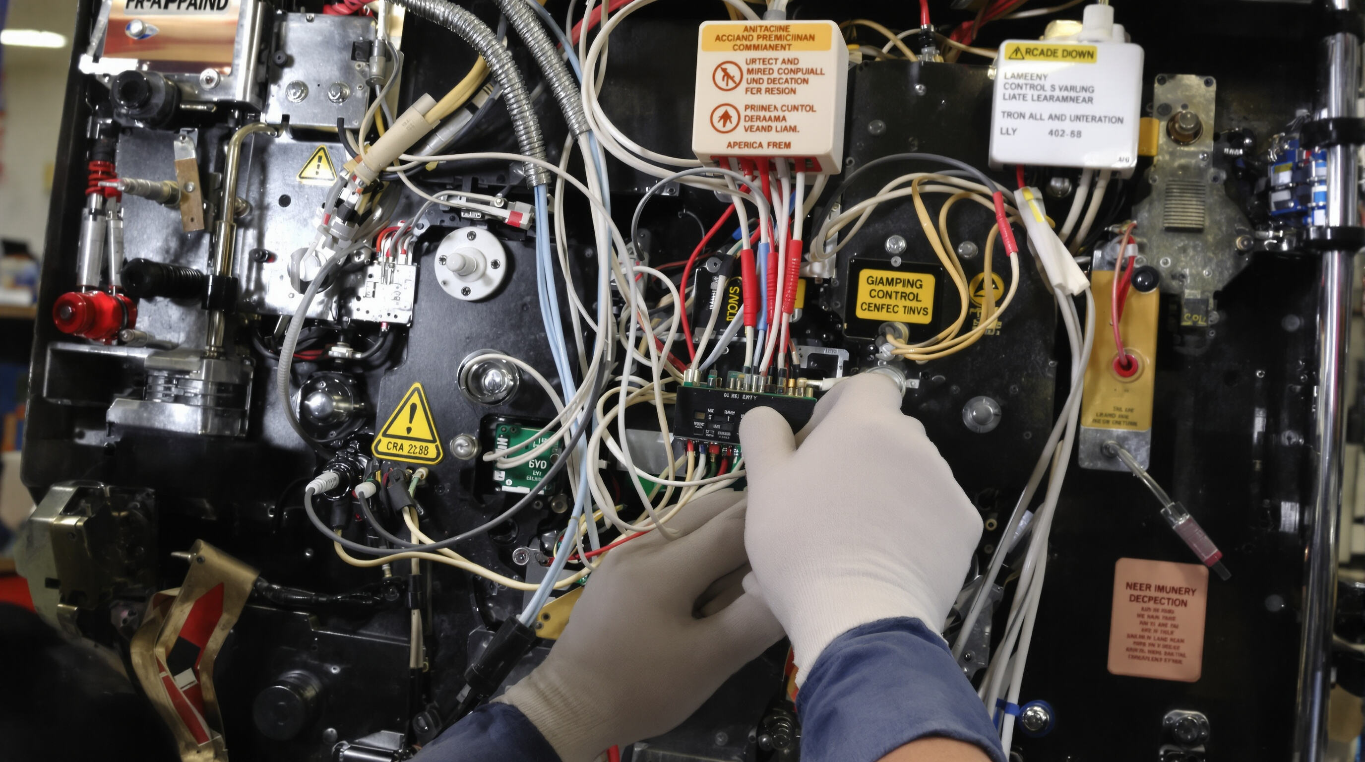 Technician inspecting arcade machine circuitry for safety compliance