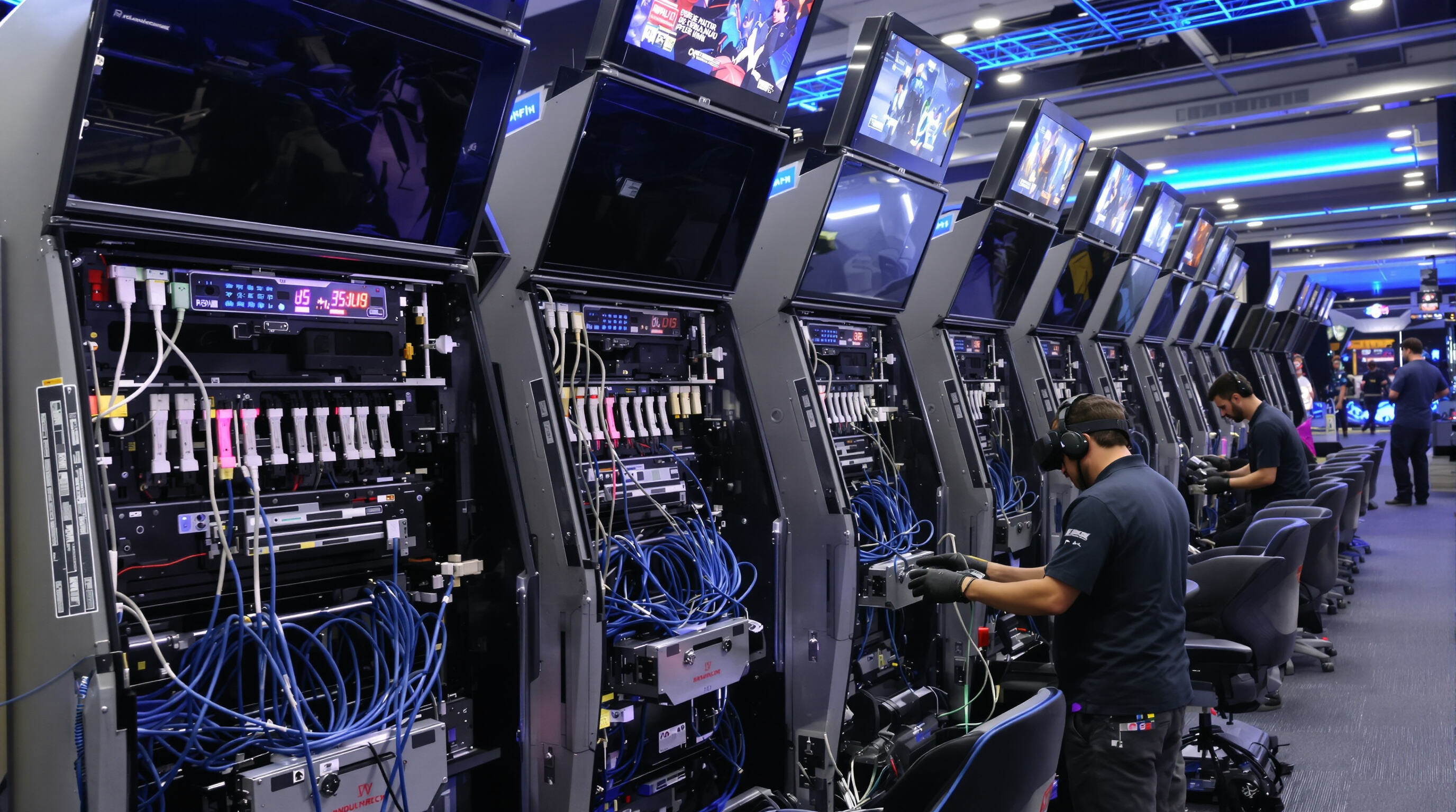 Technician maintaining VR hardware in an indoor entertainment venue