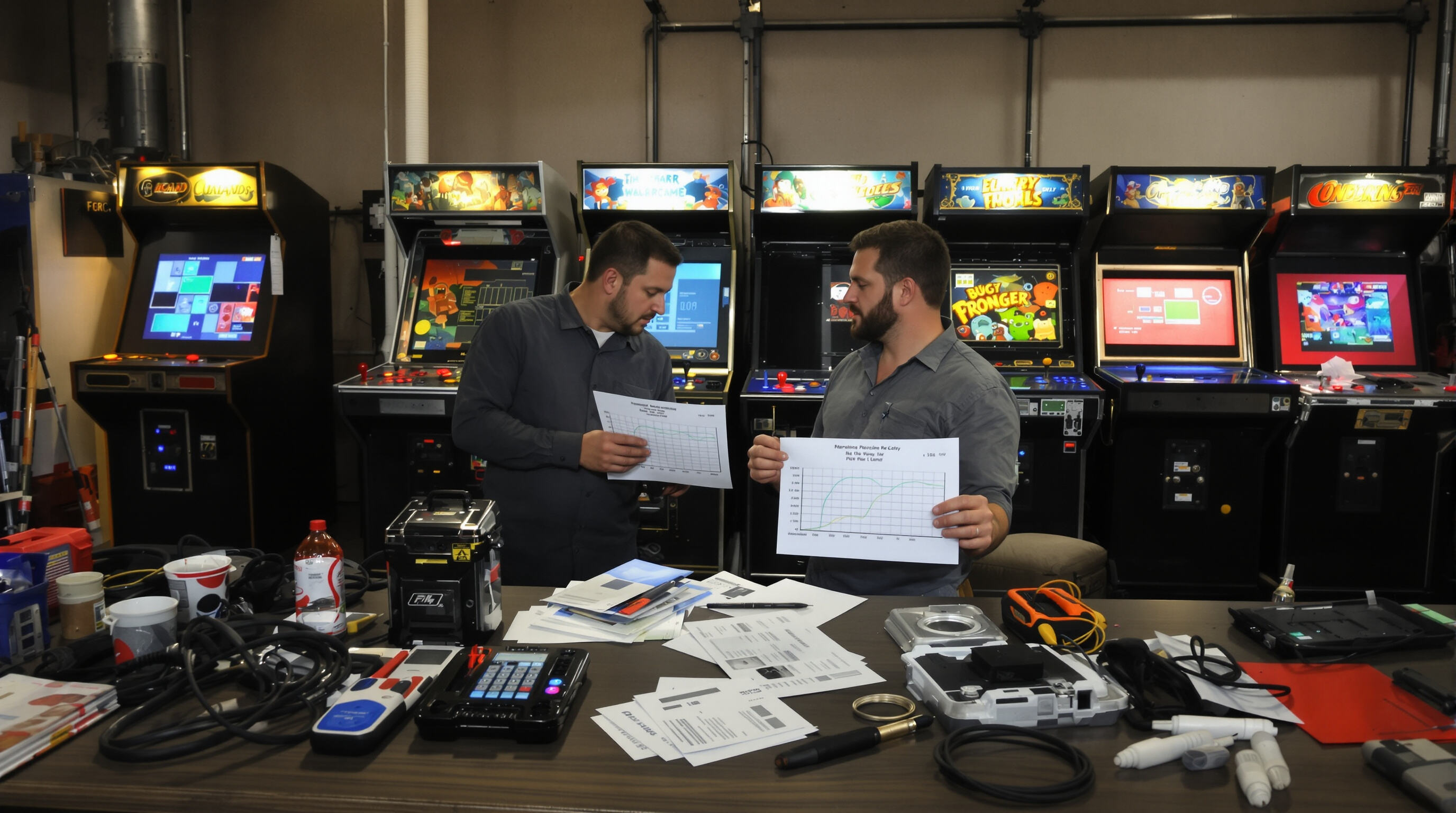 Arcade operators analyzing energy usage and maintenance costs beside machines