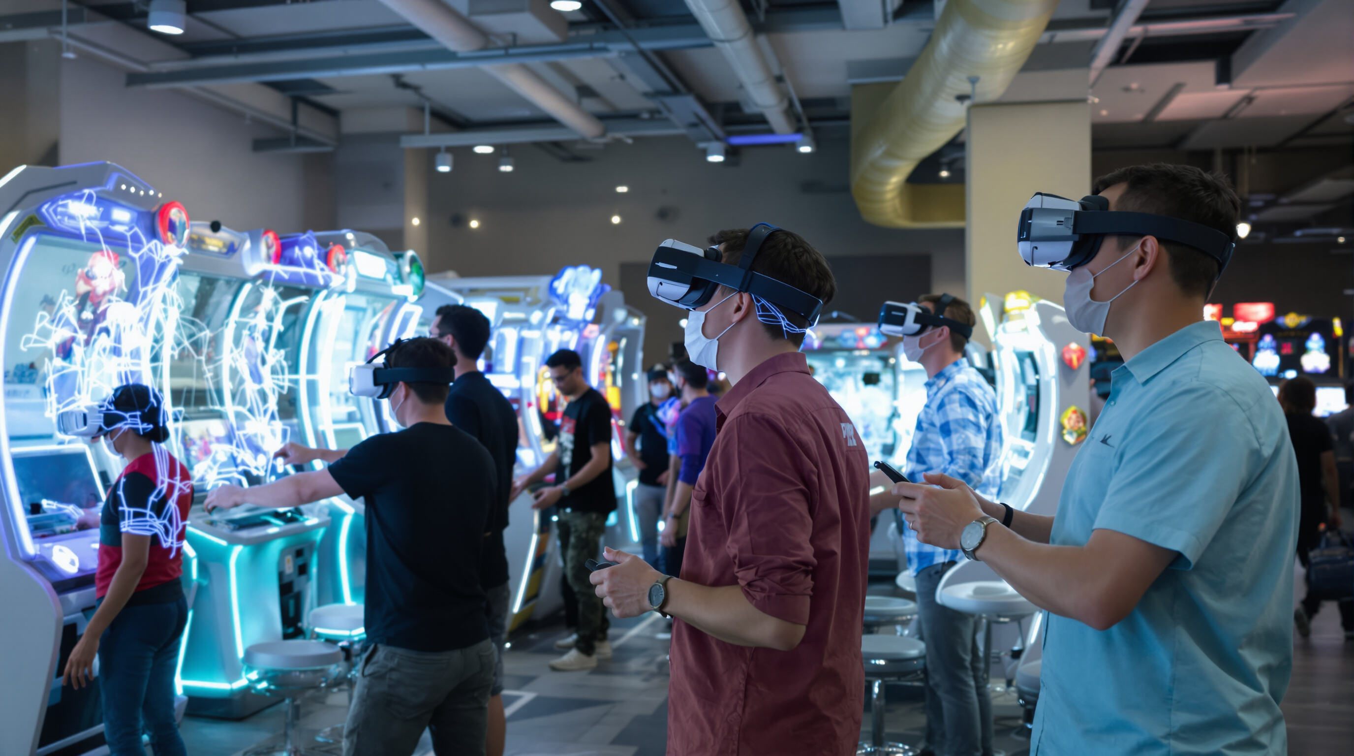 People using VR headsets at arcade machines with digital holograms and immersive lighting effects