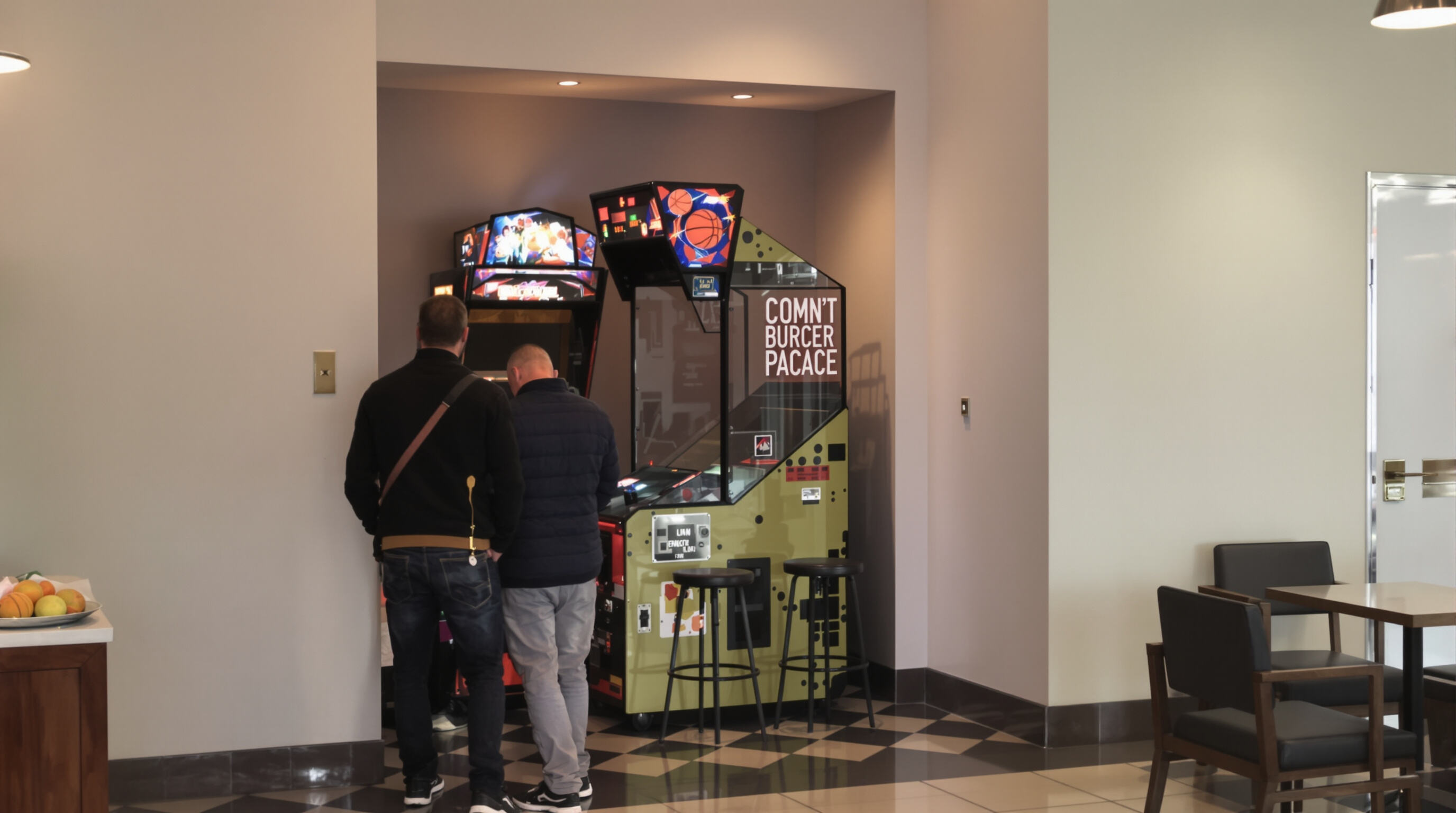Basketball arcade machine utilized in a small alcove with people playing in a busy venue