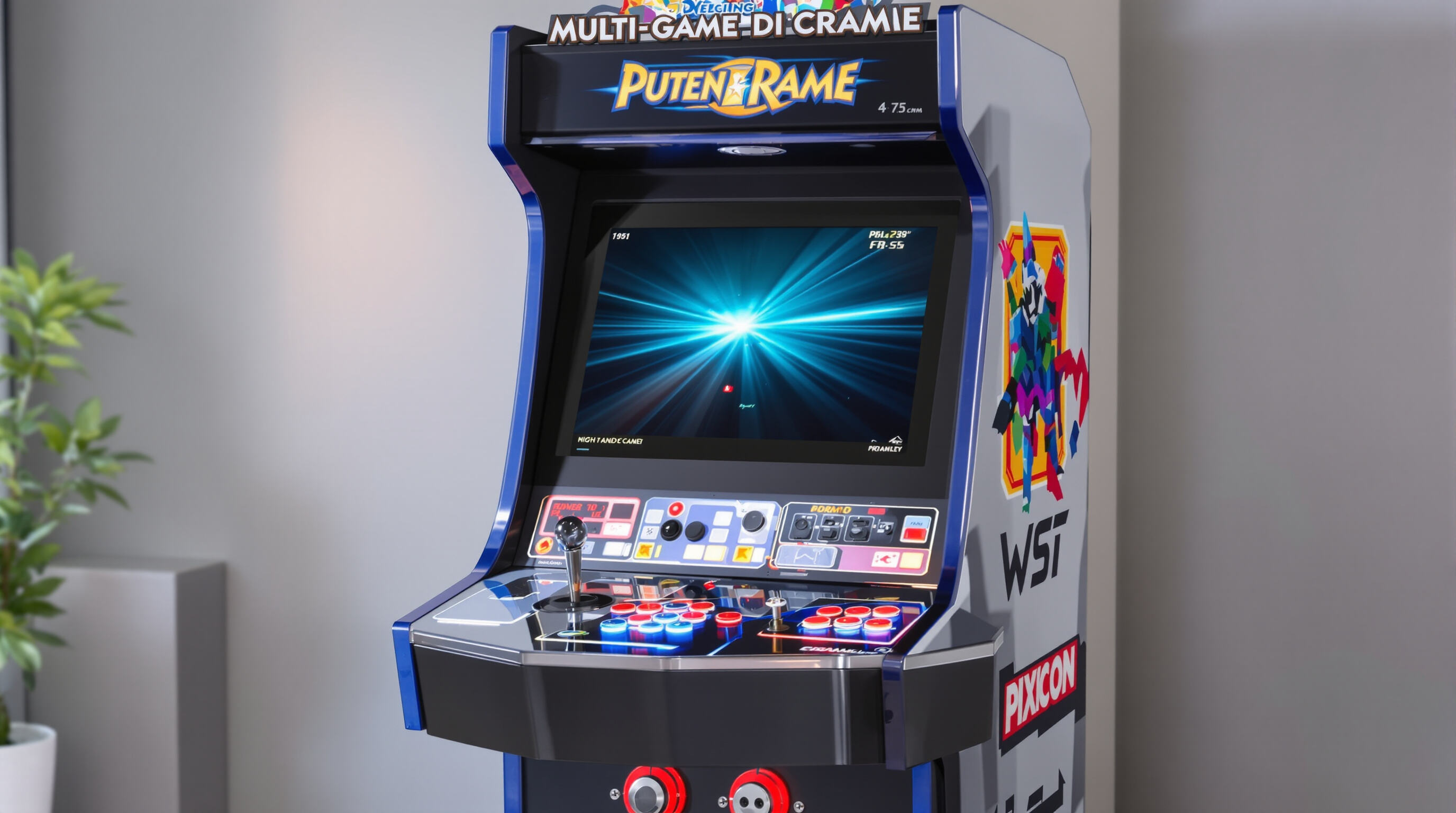 Photo of a high-end multi-game arcade cabinet with crisp display and premium controls in a modern setting