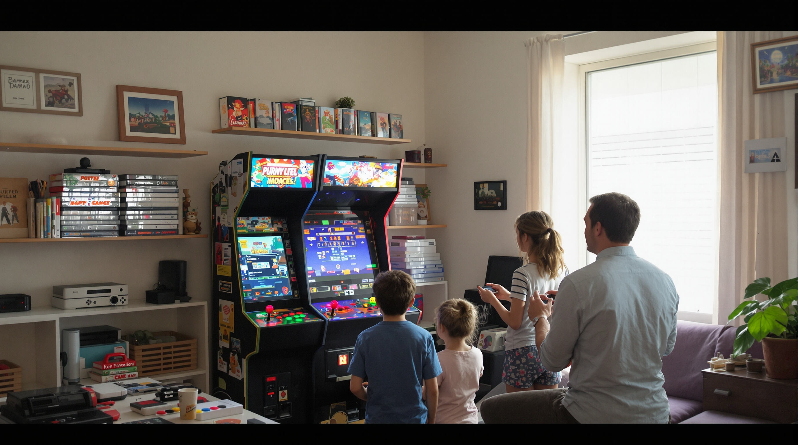 A family playing together on a multicade arcade machine in a home game room