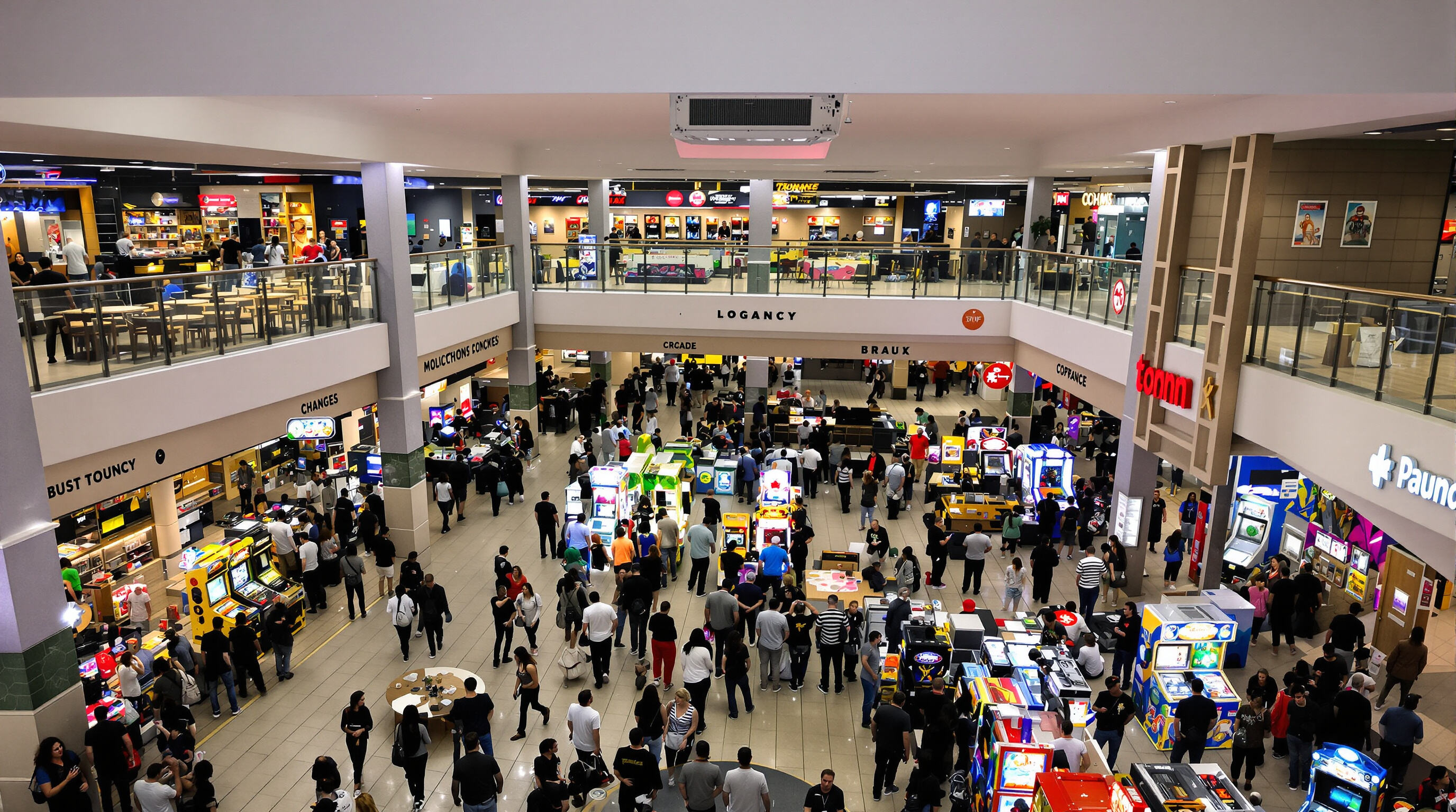 Arcade machines strategically placed in high-traffic areas of a busy venue with people engaging at each zone
