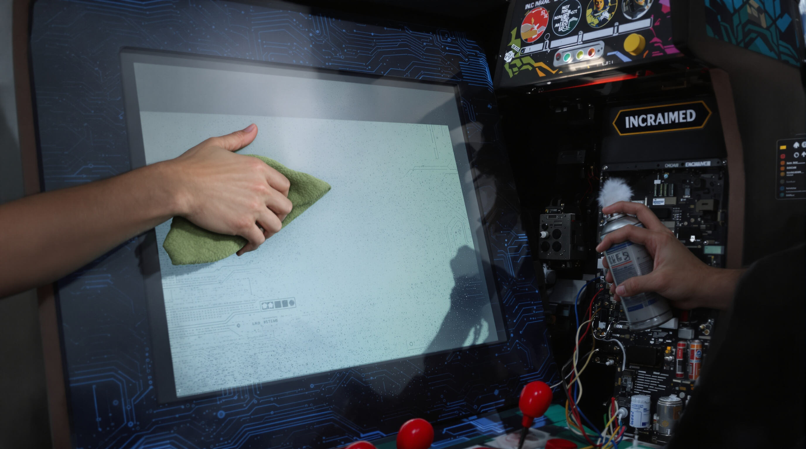 Hands cleaning and dusting the opened arcade cabinet, showing maintenance tasks