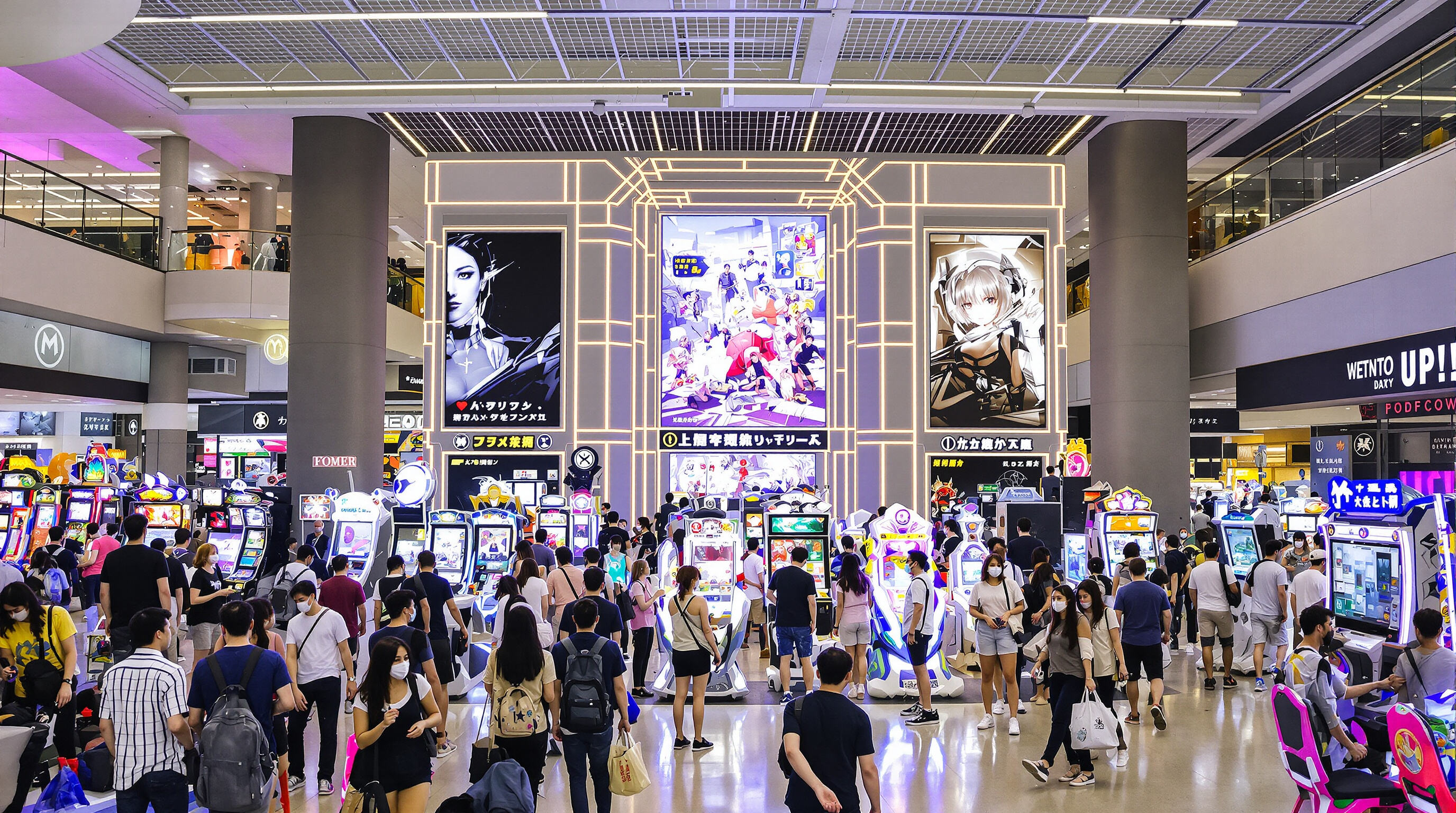 Modern arcade in urban shopping center with people playing various machines, muted colors and digital atmosphere