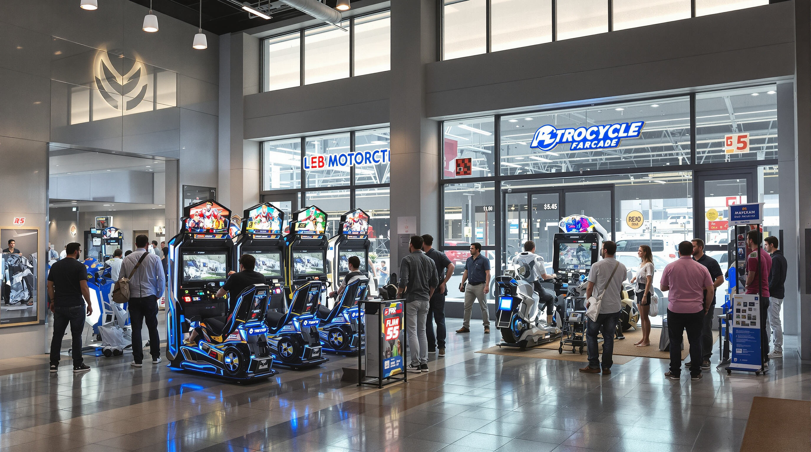 Motorcycle arcade machines positioned near venue entrance attracting visitors