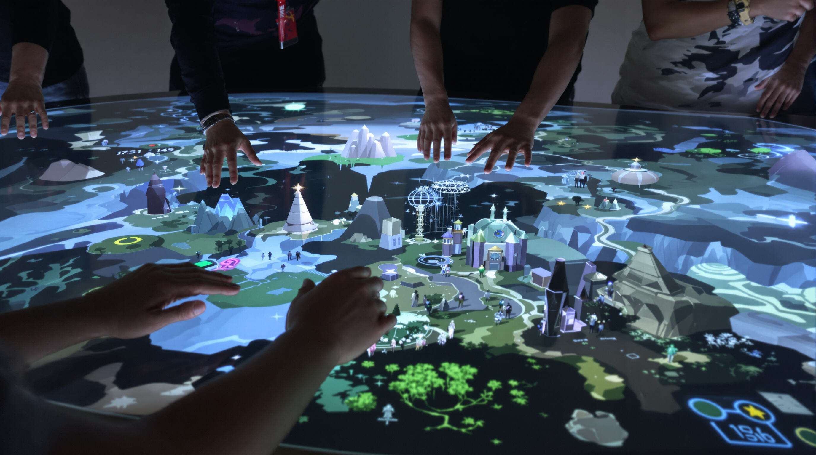 Photorealistic image of players at an arcade table blending physical controls with visible augmented reality overlays