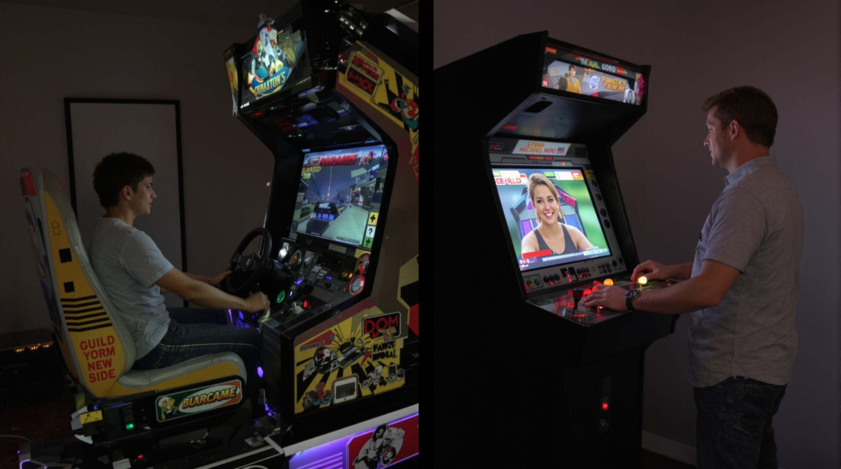 Side-by-side view of a person seated in a cockpit arcade machine and another standing at a traditional upright cabinet, demonstrating different gameplay immersion.