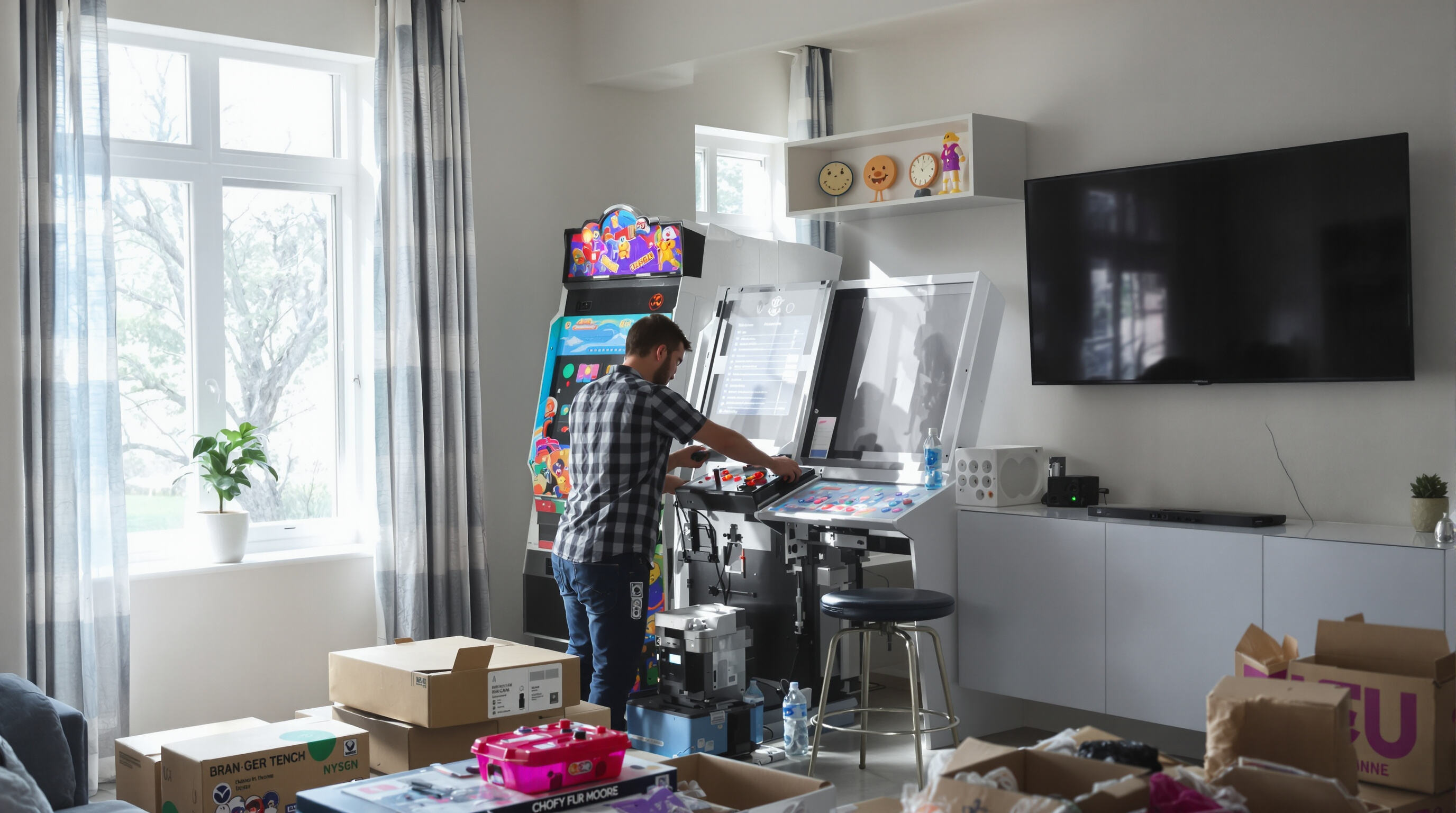 Person assembling and inspecting a multi-game arcade cabinet in a home entertainment room