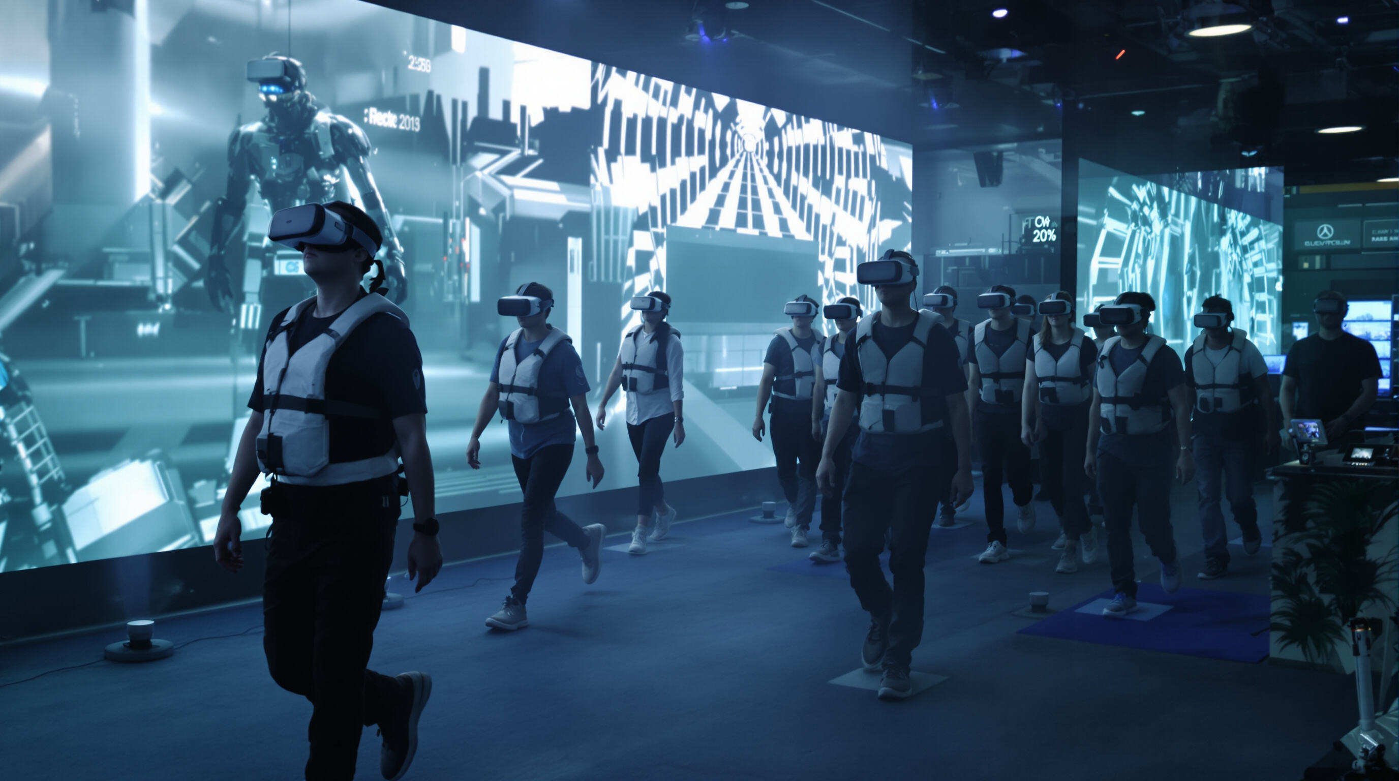 People experiencing VR technology in a modern arcade with motion platforms and immersive lighting