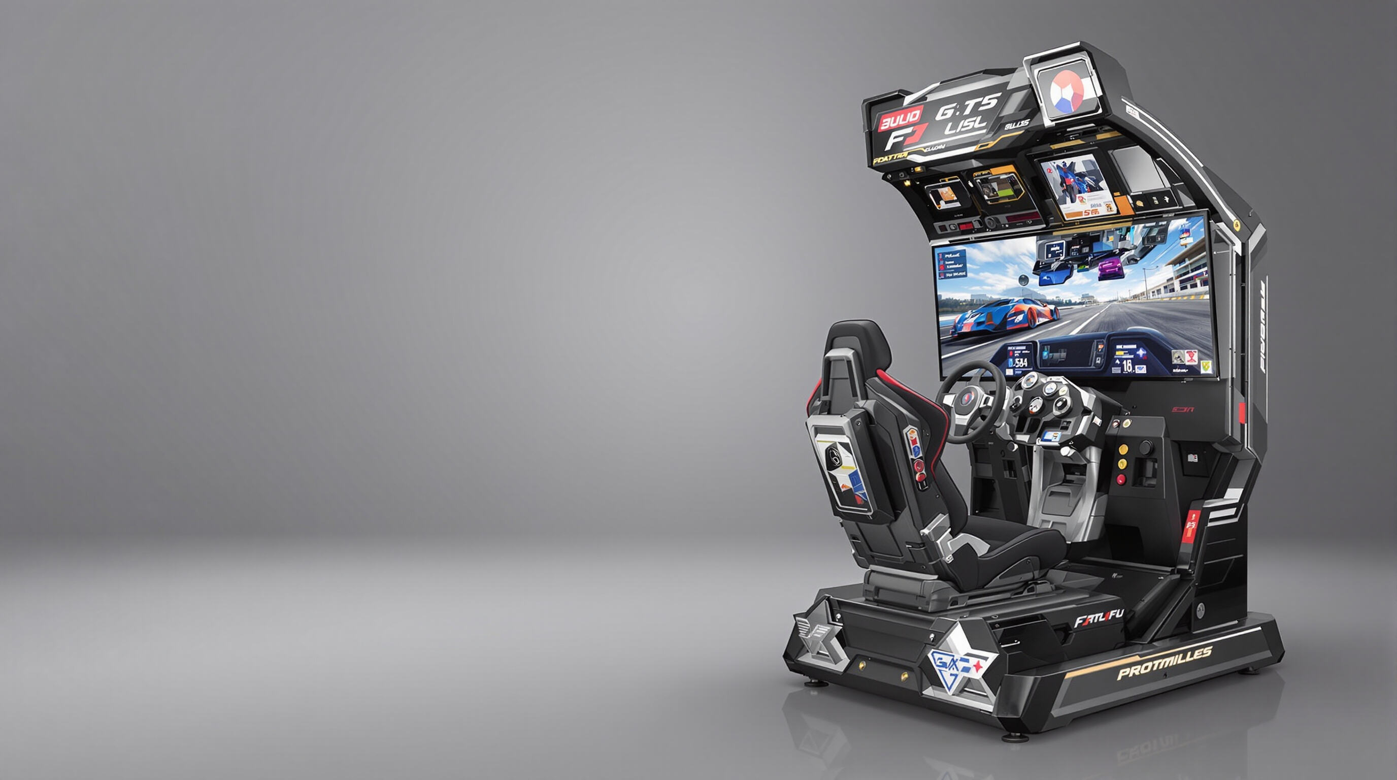 Premium racing arcade cabinet with sturdy construction and integrated motion platform in an arcade setting