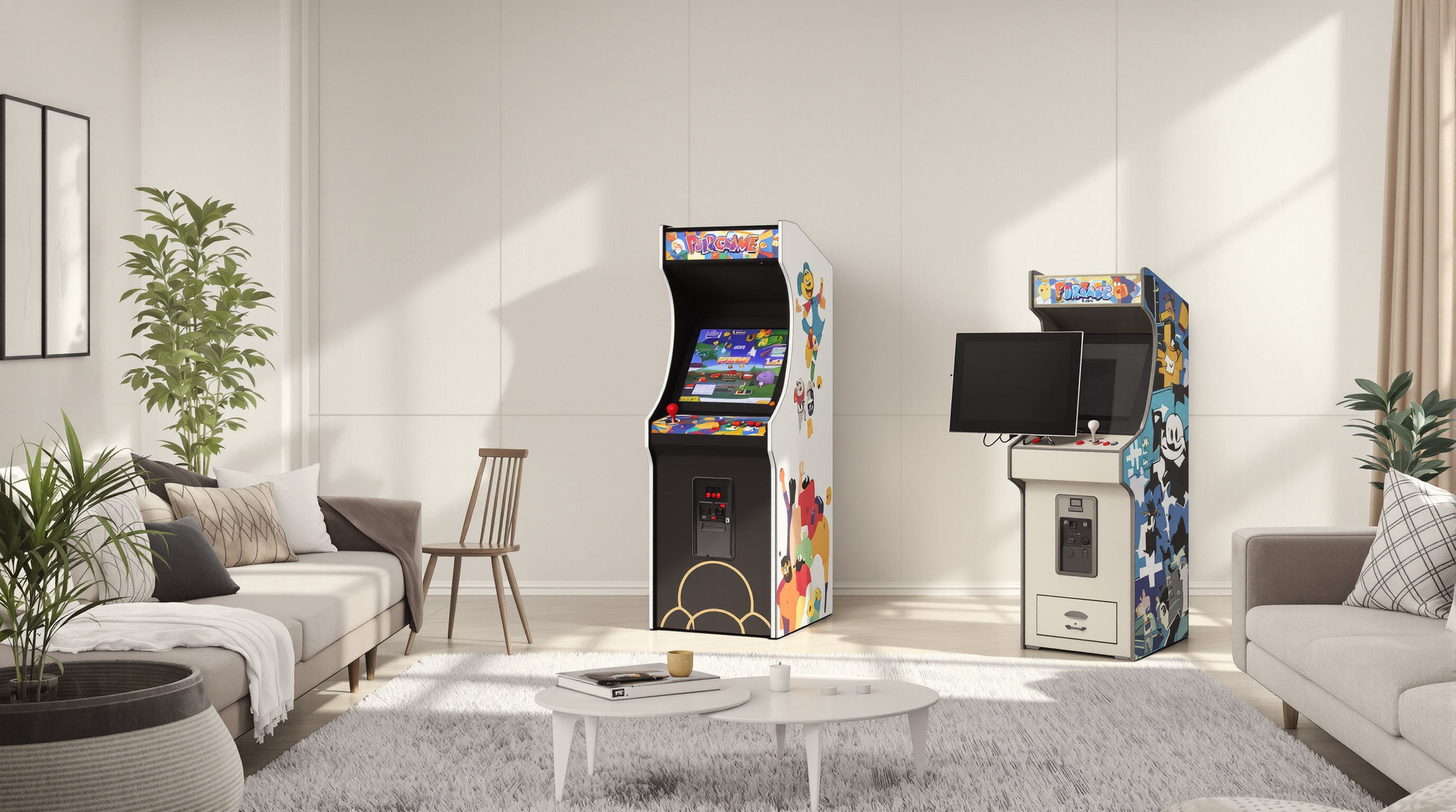Photo showing a modern multi-game arcade unit beside a larger classic cabinet, highlighting cost and space efficiency
