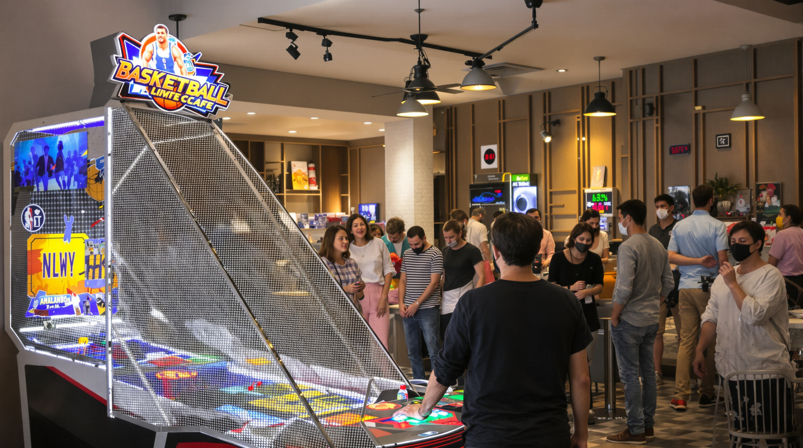 People playing and watching a basketball arcade machine in a busy café setting