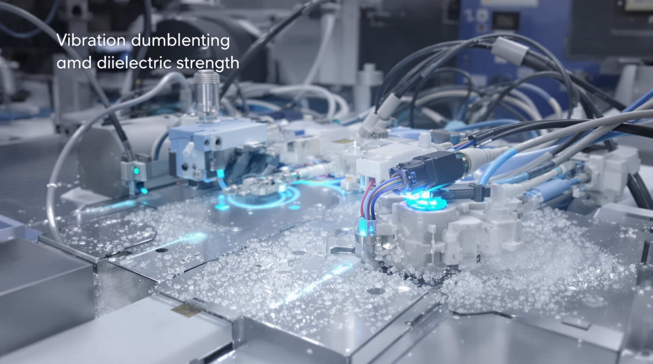 Photorealistic image of an ABS EV charging connector in a lab setting with wires and vapor, illustrating its insulating and vibration-dampening properties.