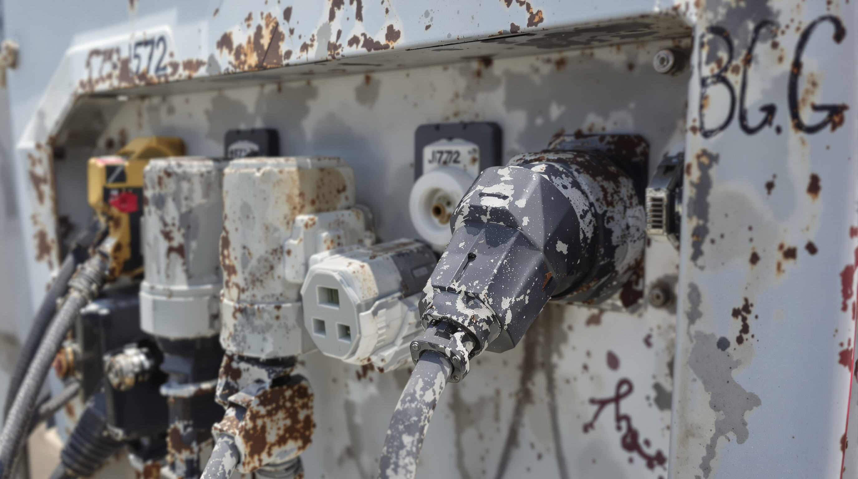 Close-up photo of J1772 EV adapters outdoors showing signs of sun, moisture, and temperature exposure