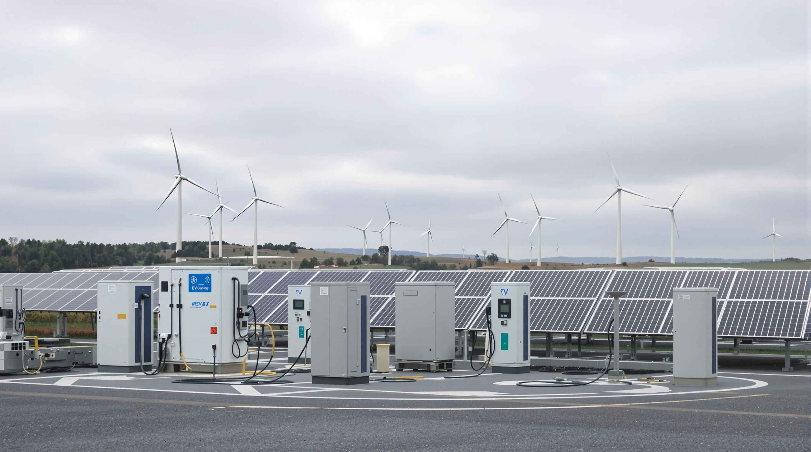 EV charging station with battery energy storage, solar panels, and wind turbines illustrating grid support for renewable-powered charging