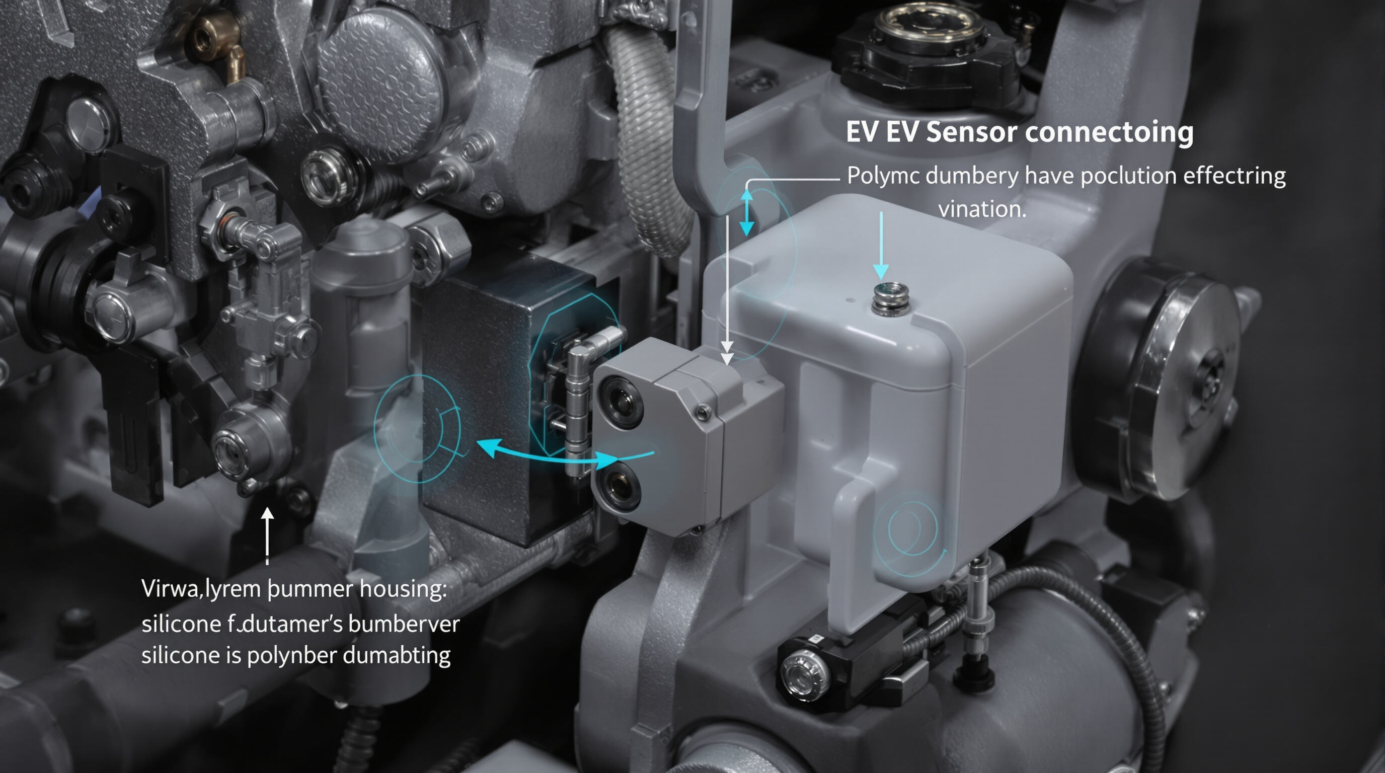 EV sensor connector with silicone dampeners and interlocking housing, situated near battery pack and motor parts