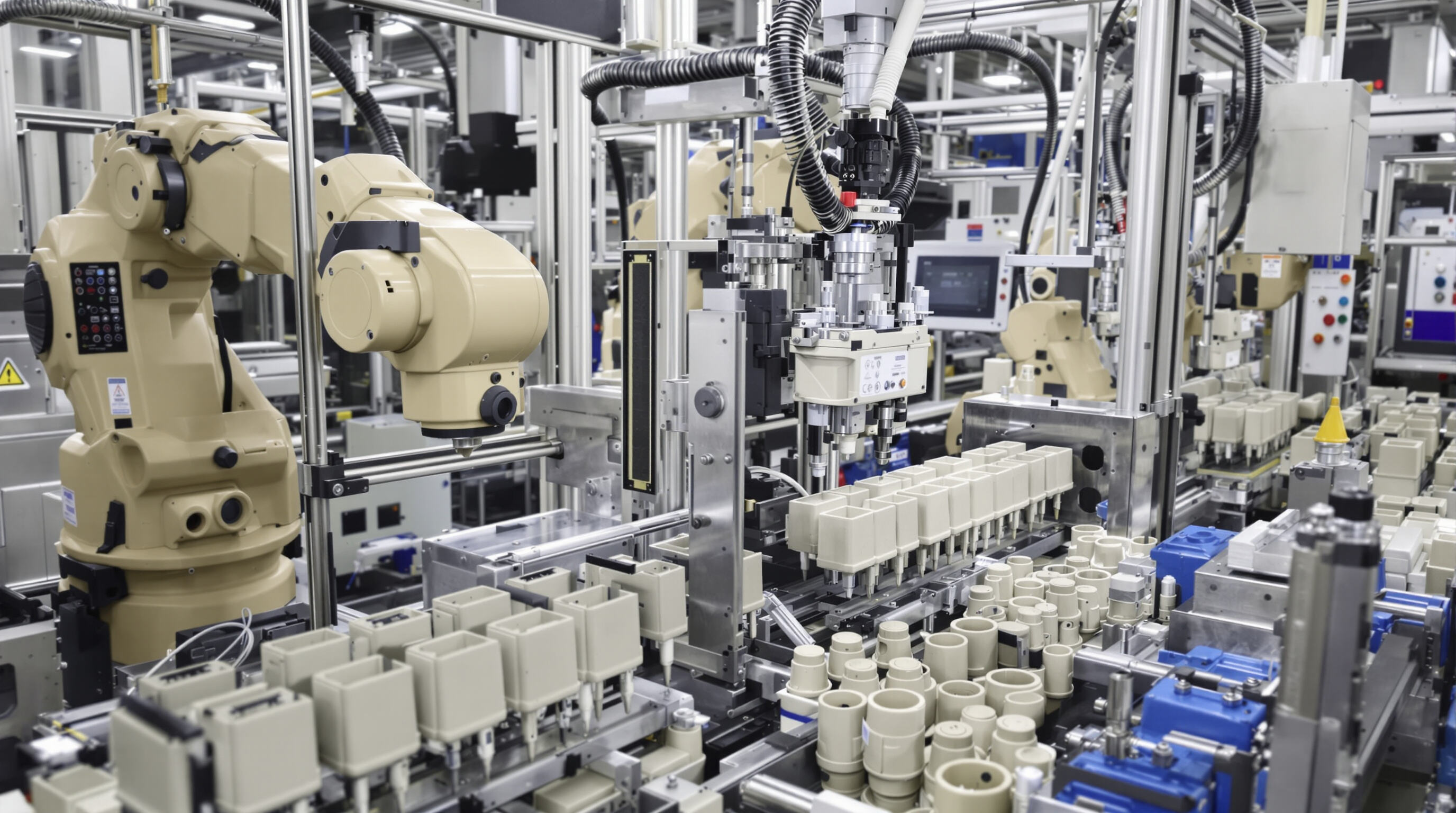 Photorealistic image of ABS EV connector housings being produced on an automated assembly line highlighting cost-effective and scalable manufacturing.