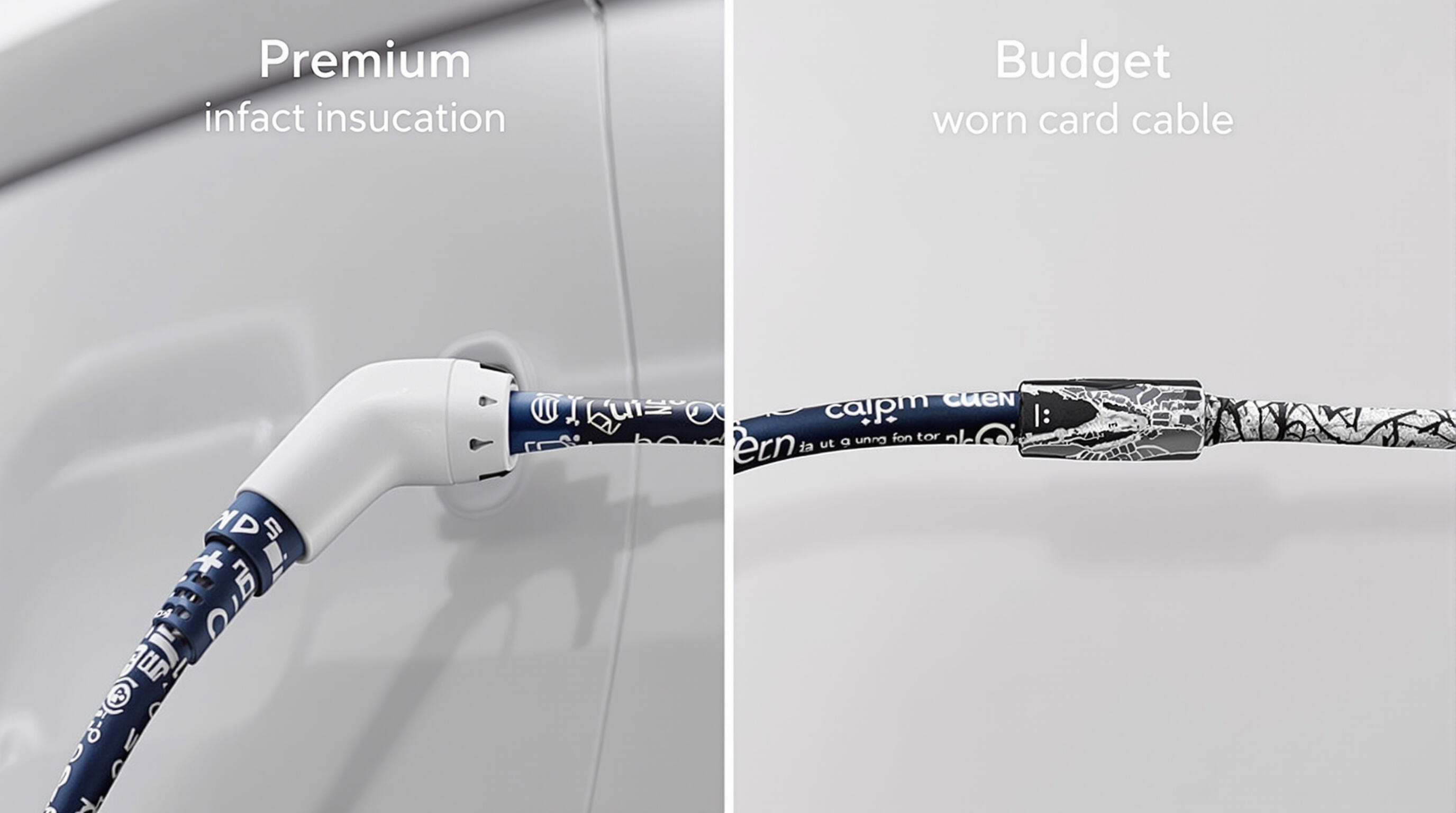 Photo comparing a premium EV connector with intact insulation next to a worn budget connector with cracks
