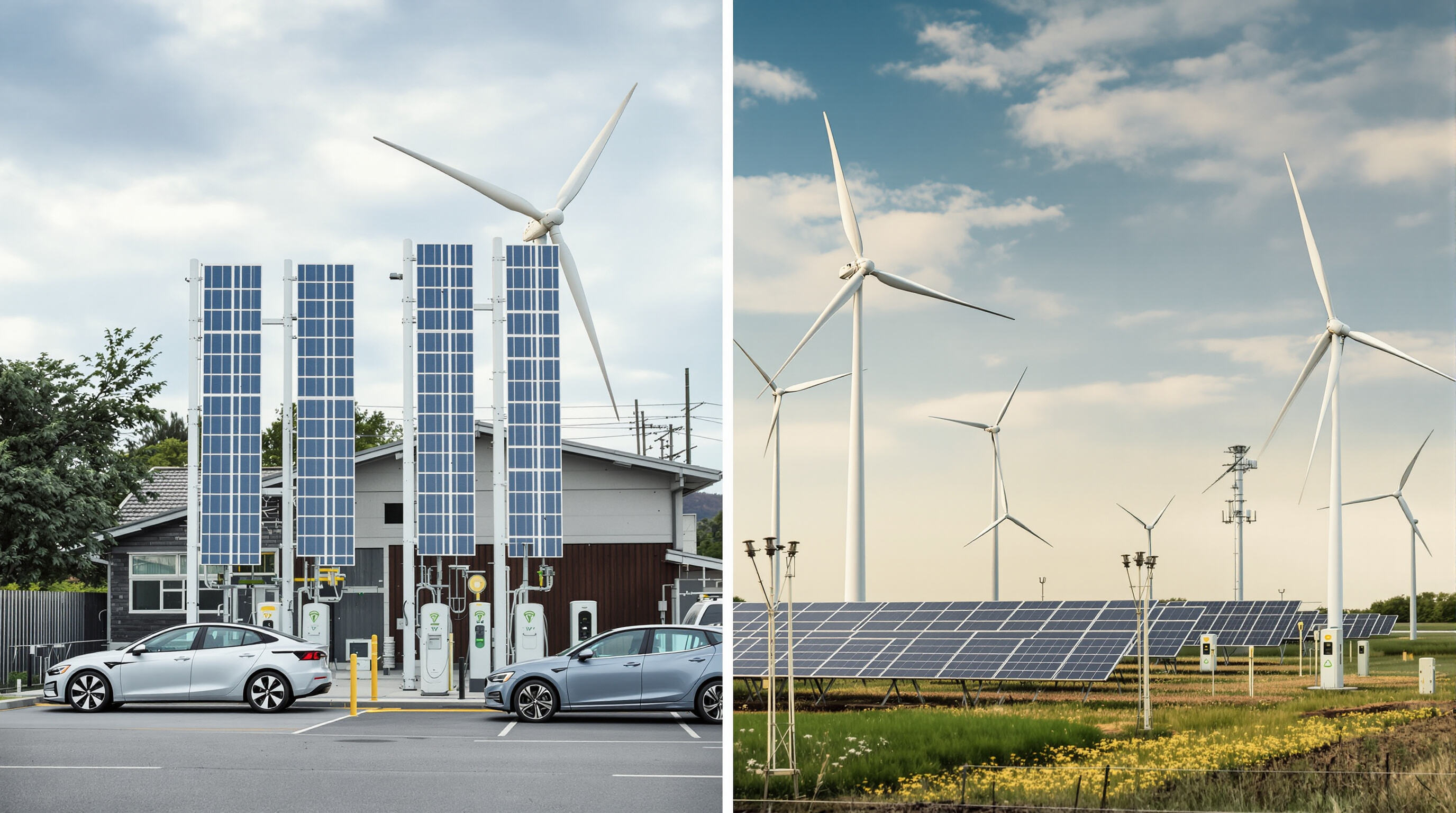 Urban and rural EV charging stations powered by solar panels and wind turbines, highlighting different infrastructure configurations