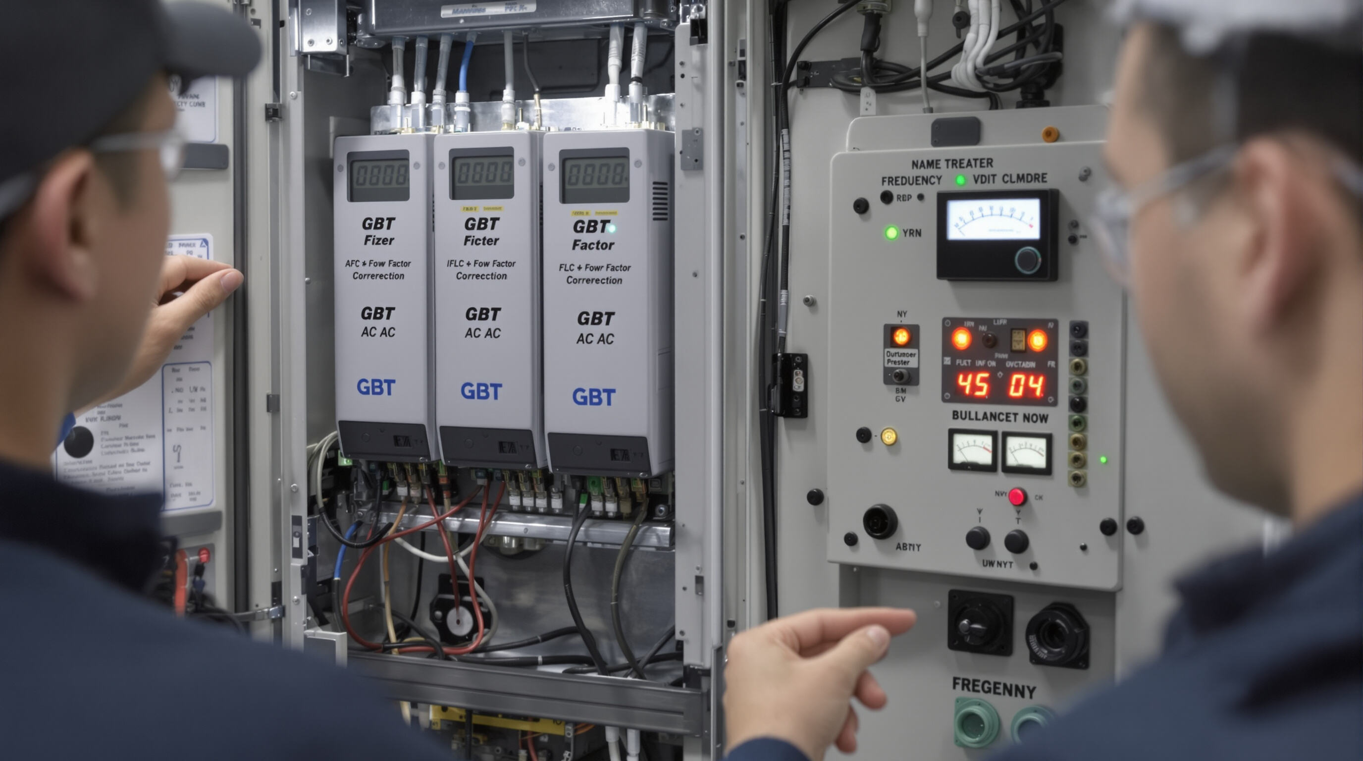 Engineers inspecting GBT AC EV charger technical components including voltage and frequency modules