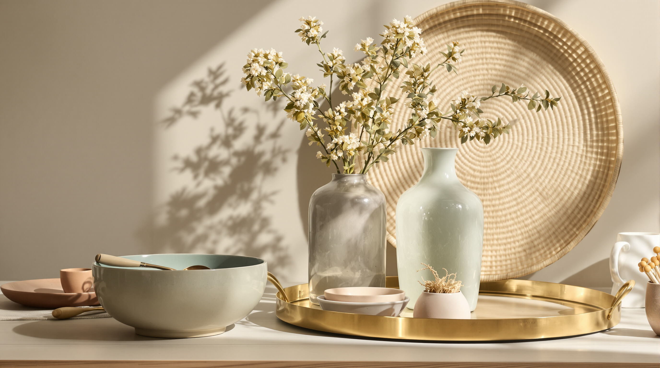 Celadon vase styled on a table surrounded by terracotta, rattan, and brass for a textured, harmonious look