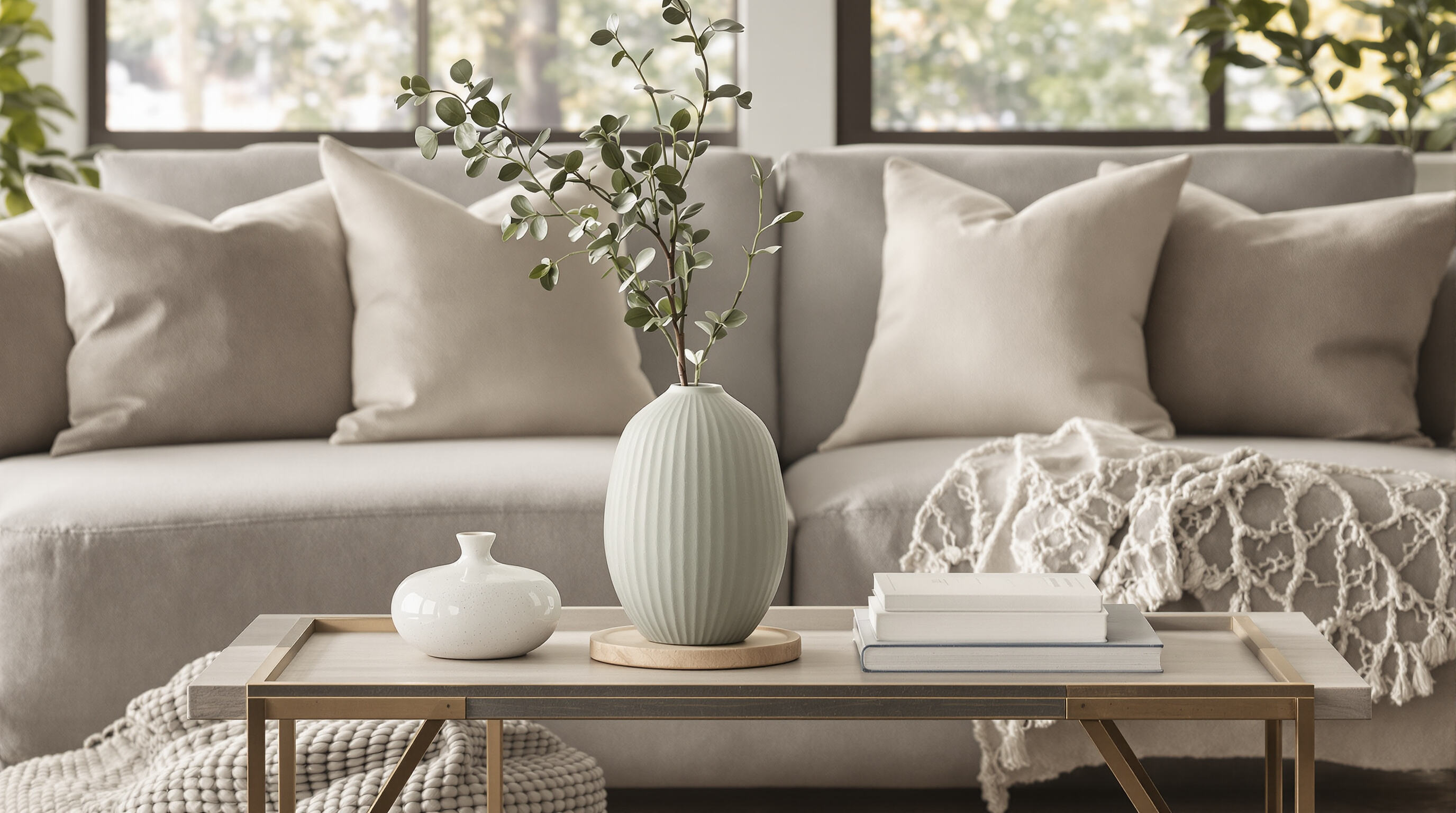 Celadon vase as the central decor on a coffee table in a modern living room with muted linen accents