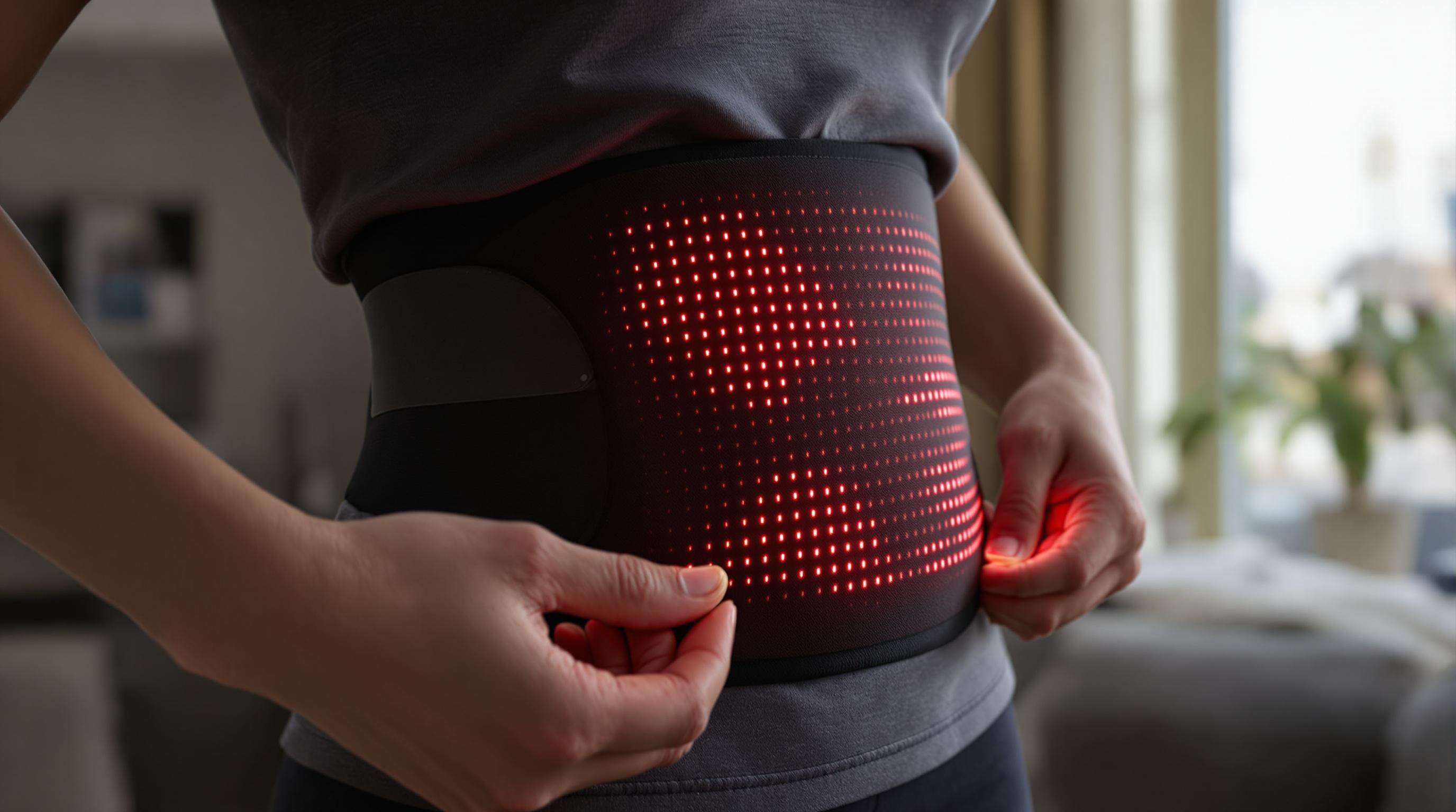 Photorealistic close-up of hands fitting a red light therapy belt with glowing LEDs around a waist in a modern home setting