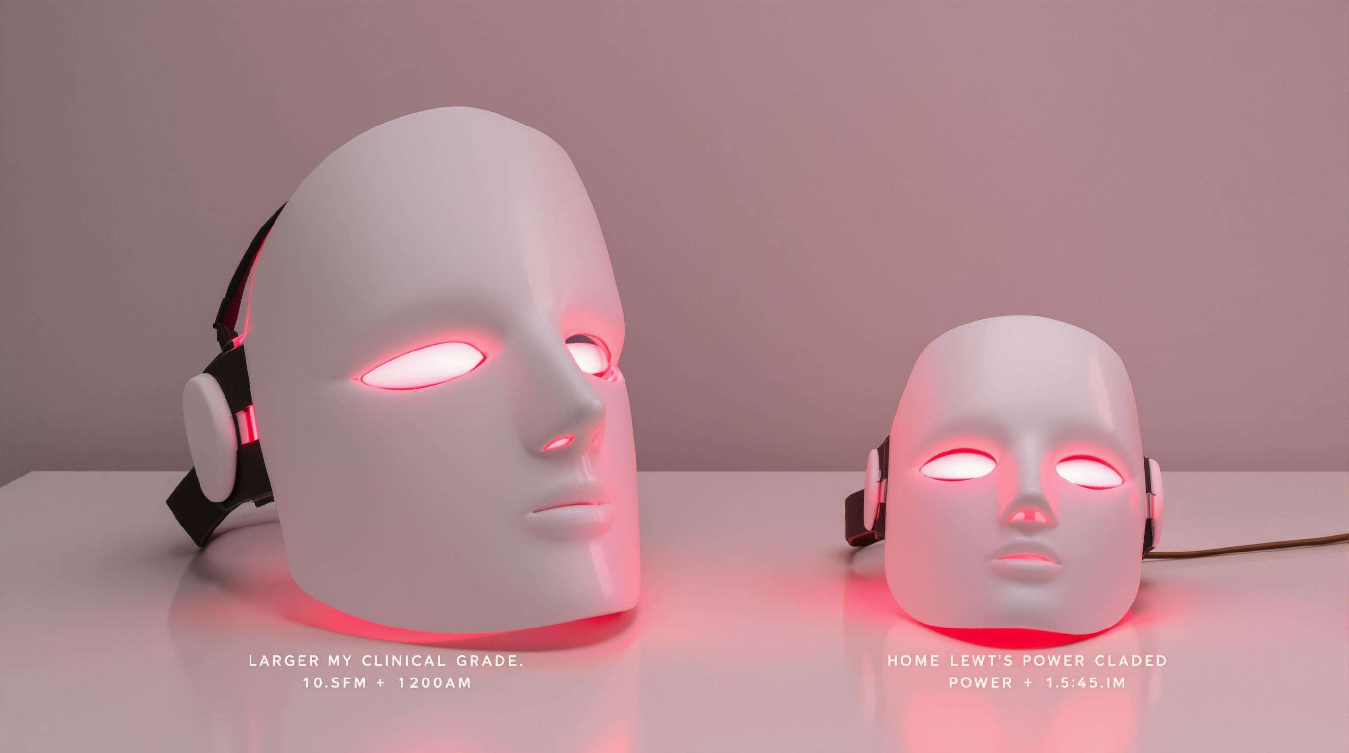 Side-by-side comparison of a professional clinical red light therapy mask and a smaller home-use mask on a table