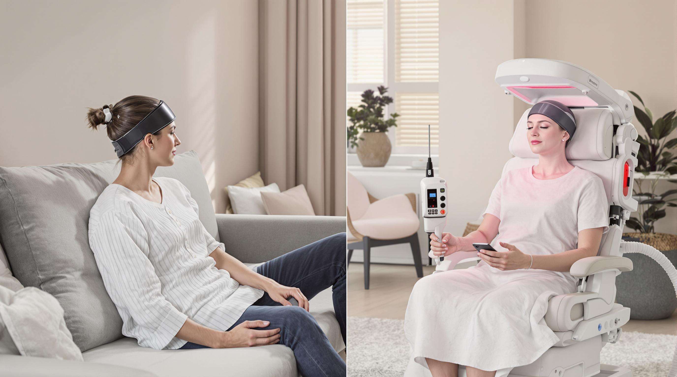 Person using a red light therapy cap at home, beside another person in a clinical setting with professional equipment