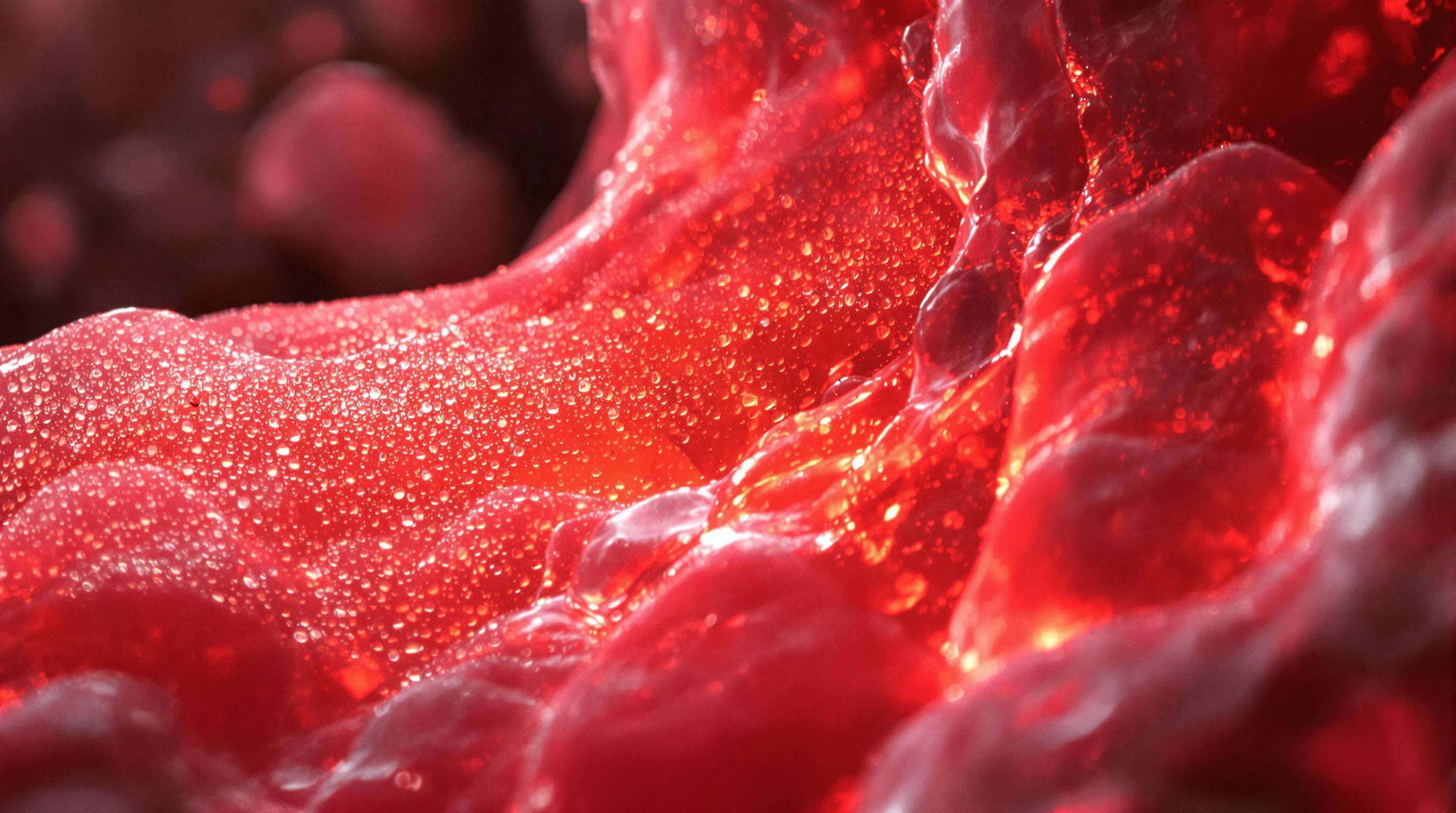 Photorealistic close-up of fat cells beneath skin being exposed to red and near-infrared light