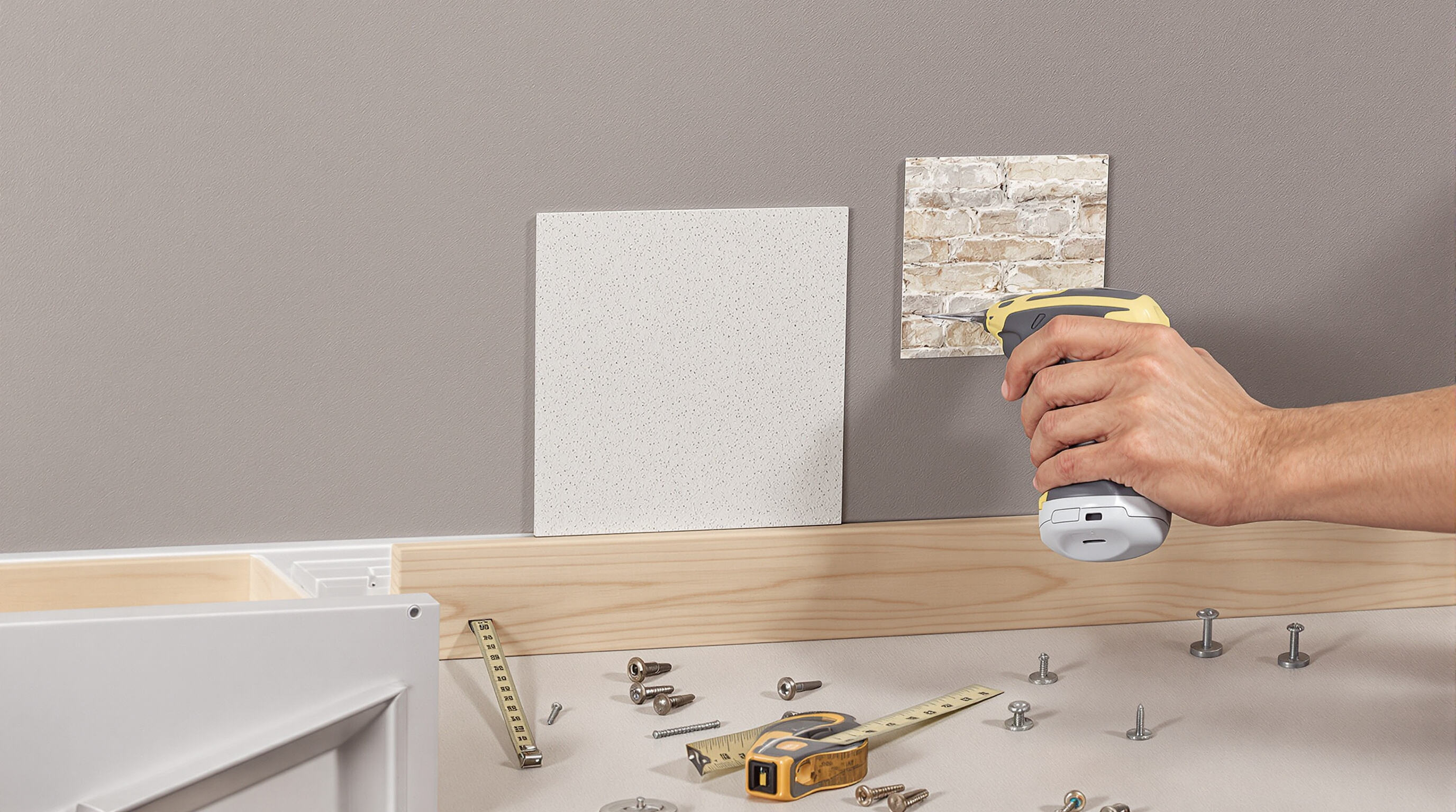 Hands using a stud finder and measuring tape on different wall types, with anchors and hardware arranged for safe cabinet installation