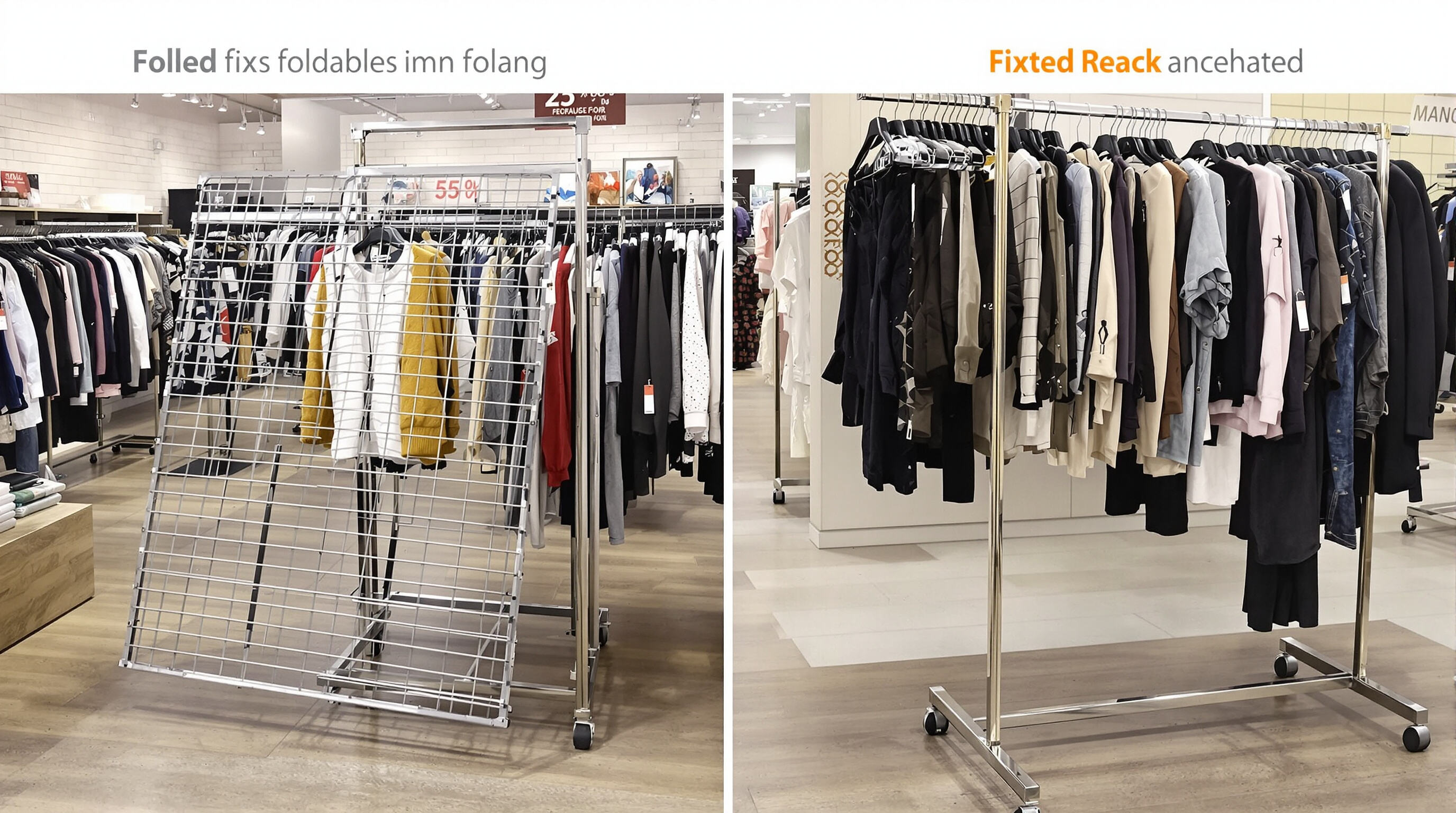 Foldable and fixed garment display racks positioned side by side inside a clothing store.