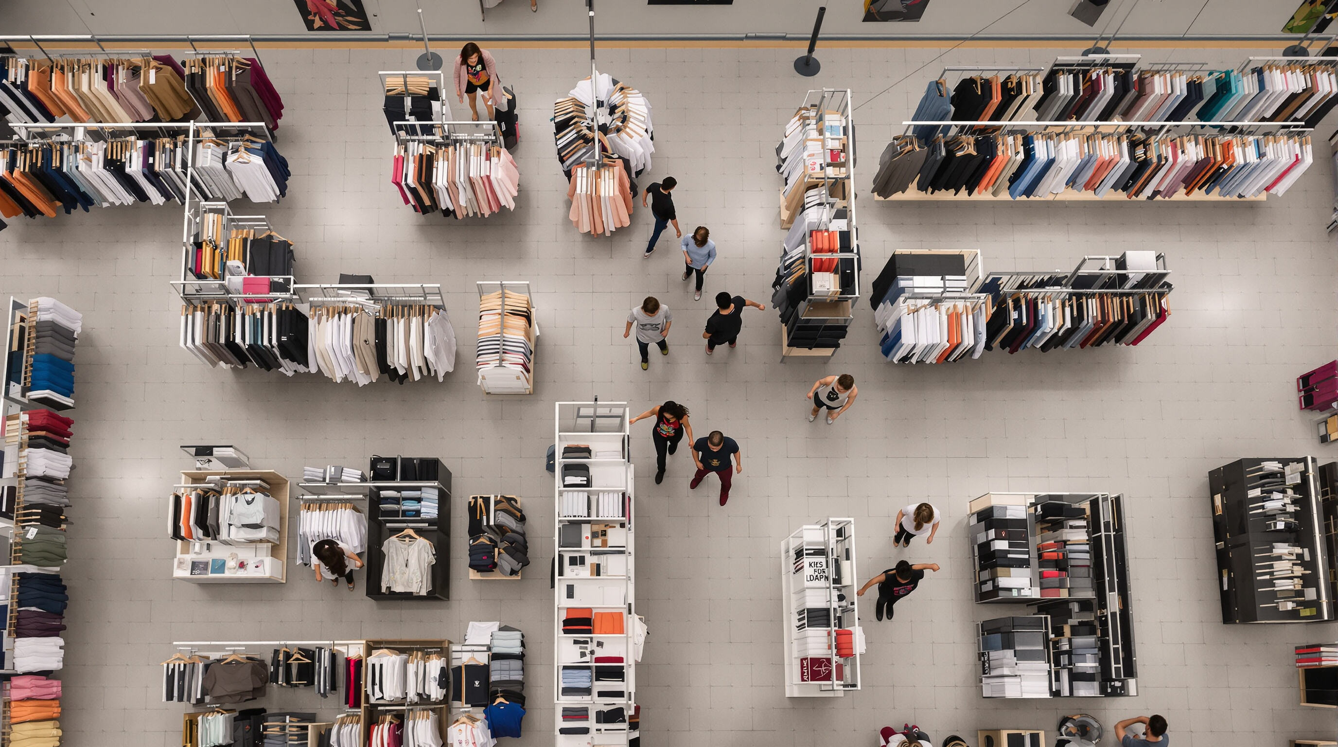 Retail store layout showing foldable and fixed racks arranged for efficient use of space and easy customer movement.