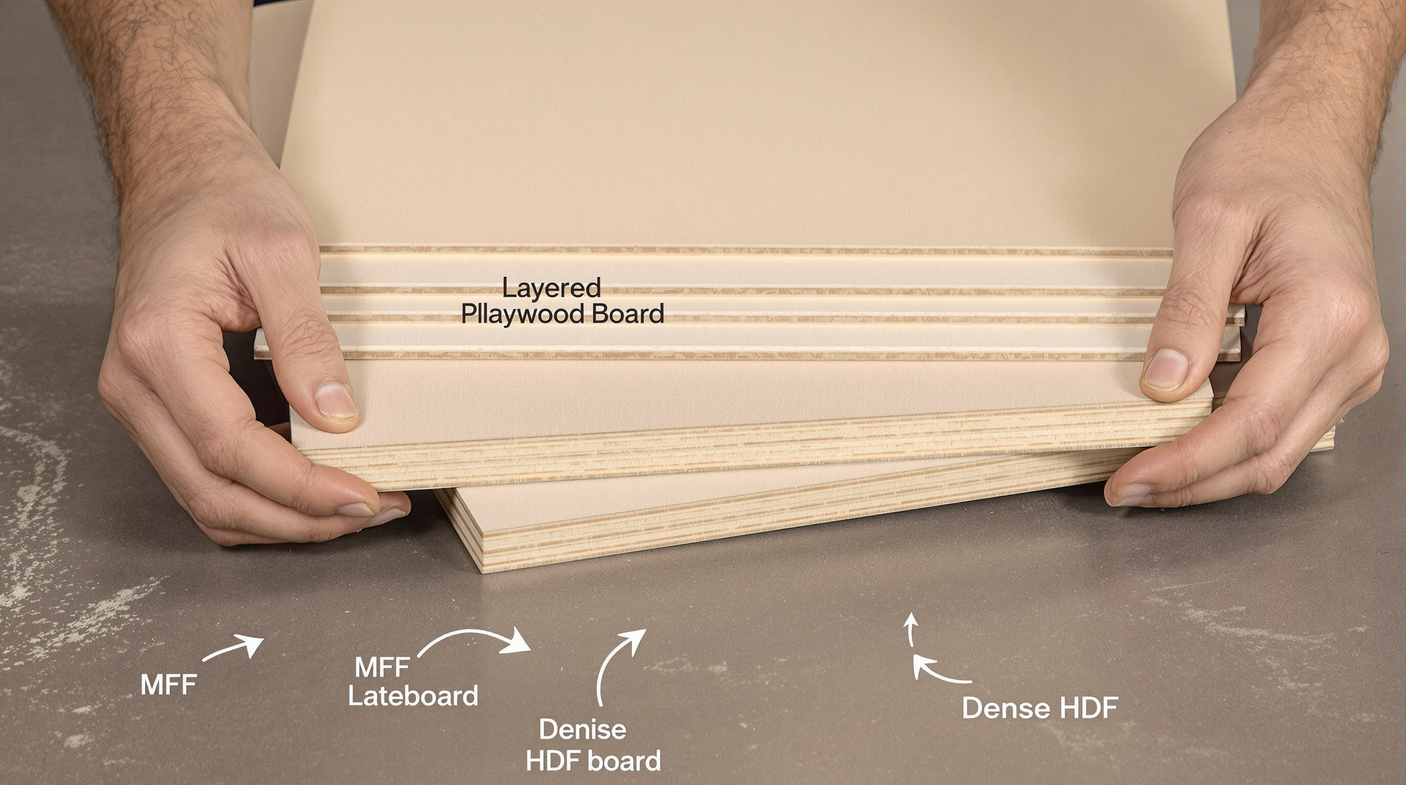 Hands examining plywood, MDF, and HDF boards showing edges and surface texture