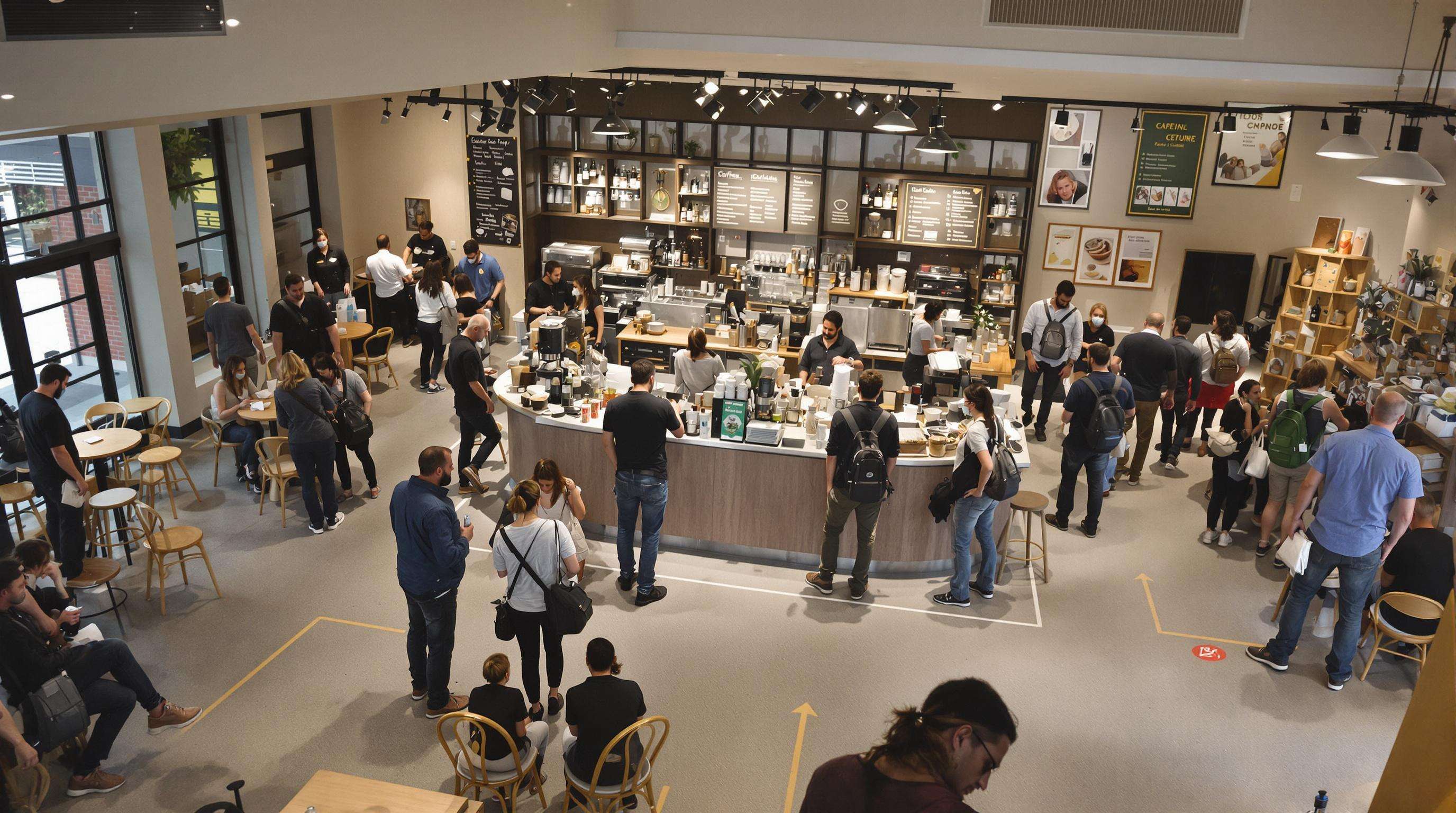Customers approaching an angled coffee shop counter with visible staff and organized seating, showing smooth customer flow